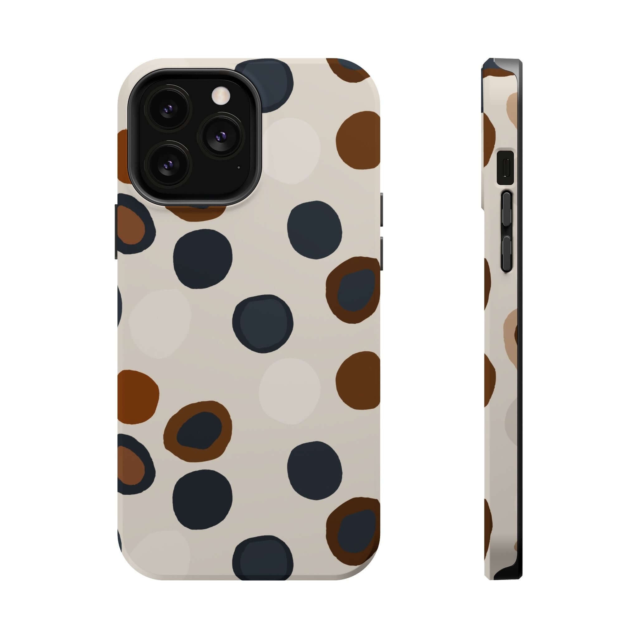 Chic Wanderer Modern Spots Case with brown abstract spots for iPhone, colorful and cute protective MagSafe phone accessory.