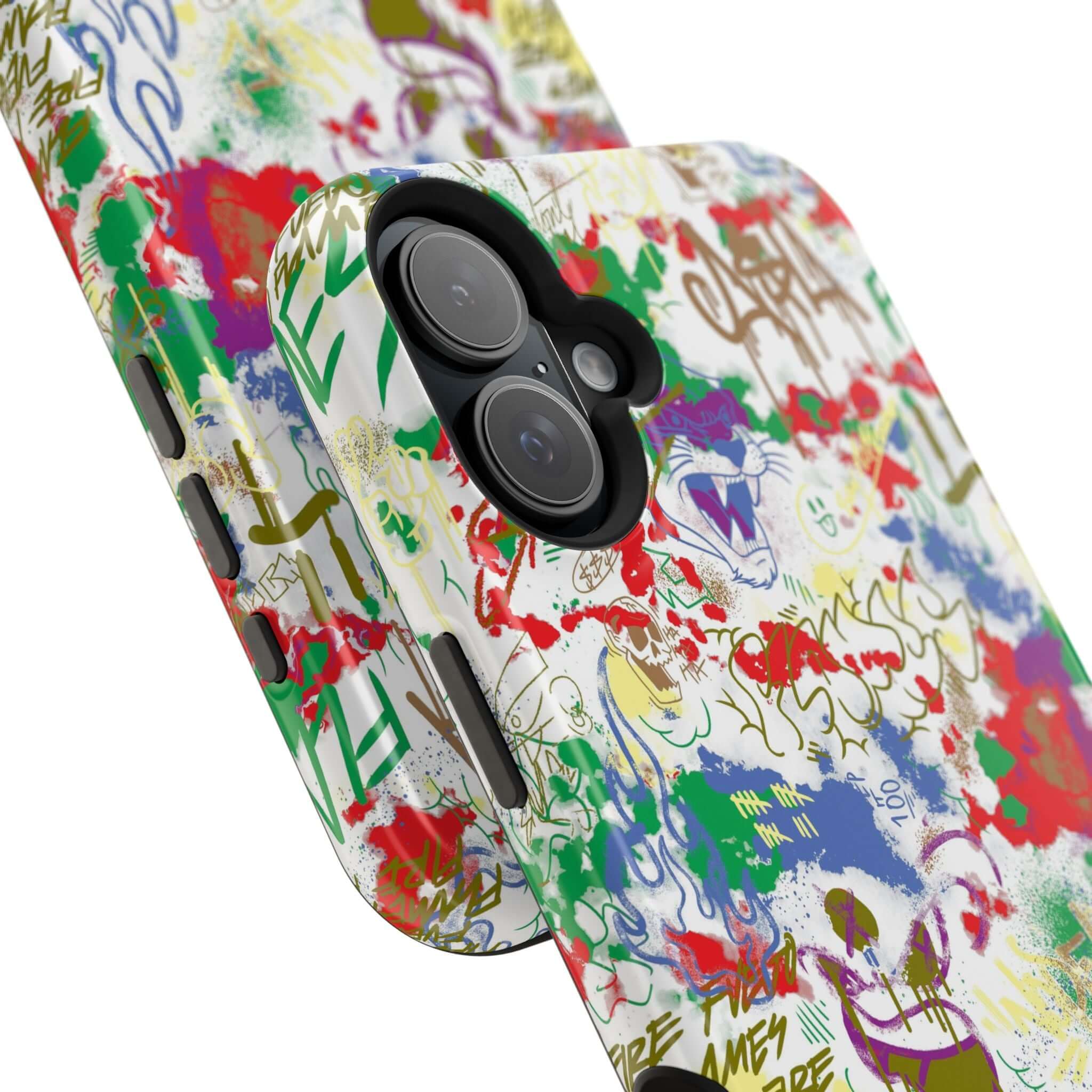 Colorful graffiti phone case design featuring vibrant street art and MagSafe technology for iPhone protection.