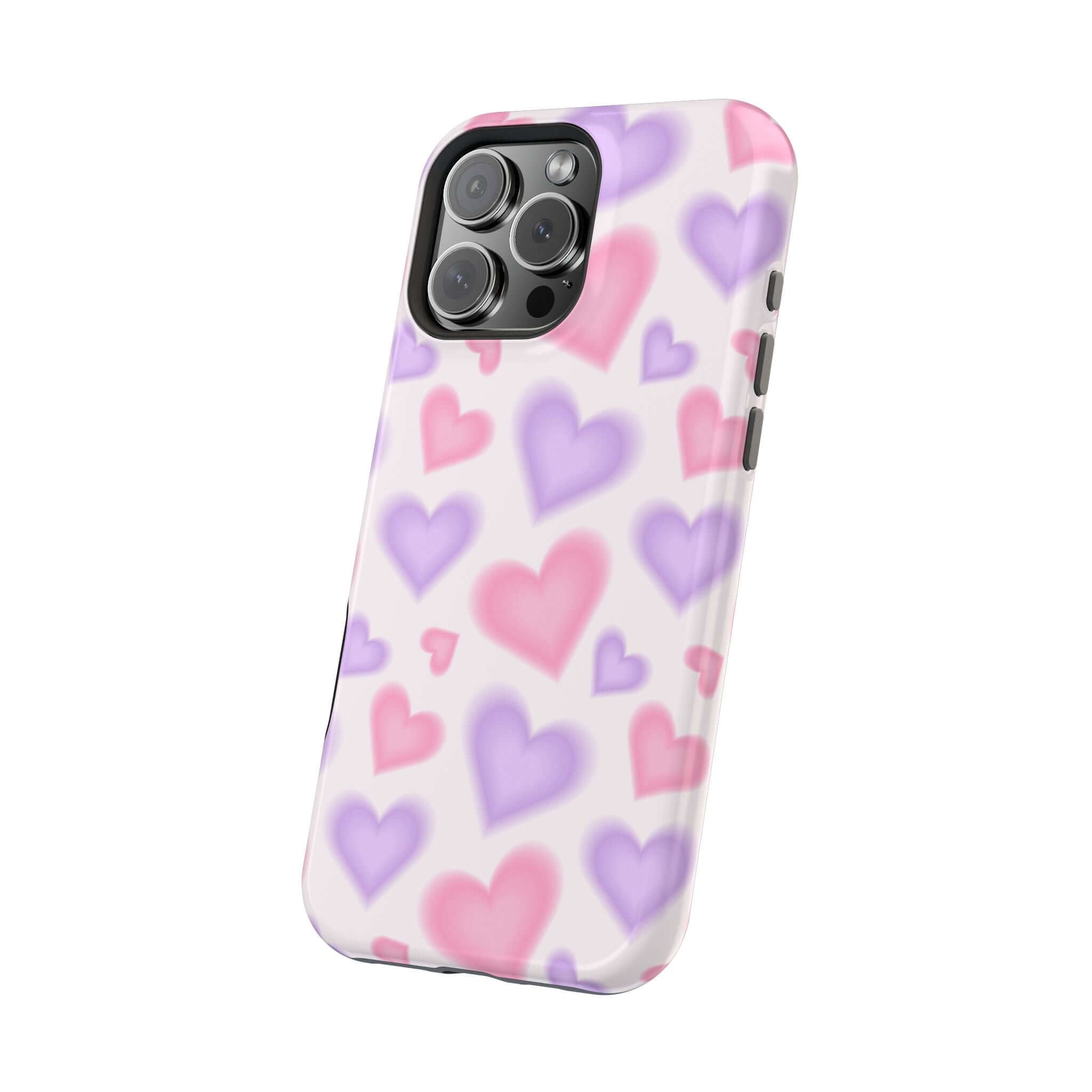 Cute phone cover with blurred pink and purple hearts, perfect for protecting your Apple iPhone in style.