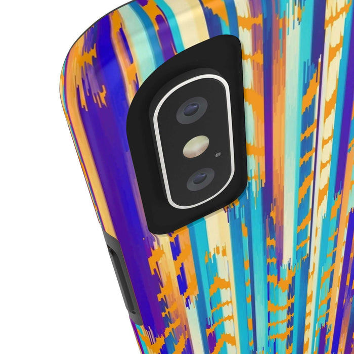 Colorful abstract tie dye iPhone case with vibrant stripes in blue, orange, and purple. Cute phone case for unique style.