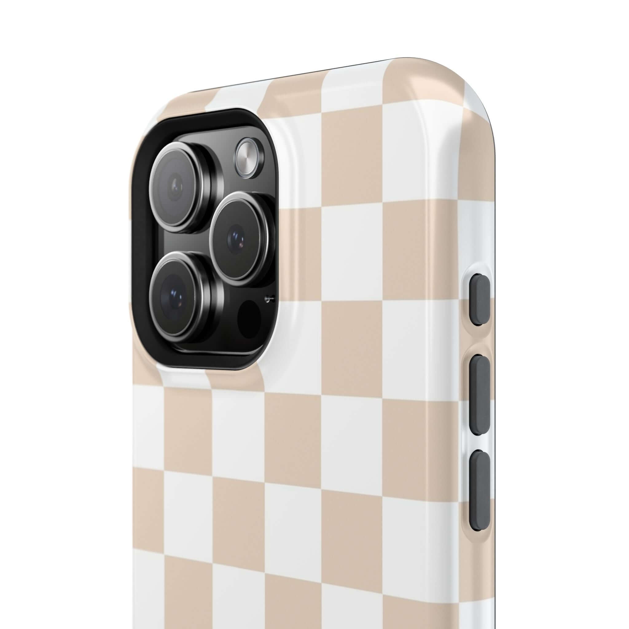 Close-up of Cream Checkered MagSafe iPhone 16 Case with Beige Print, a Cute Protective Phone Case