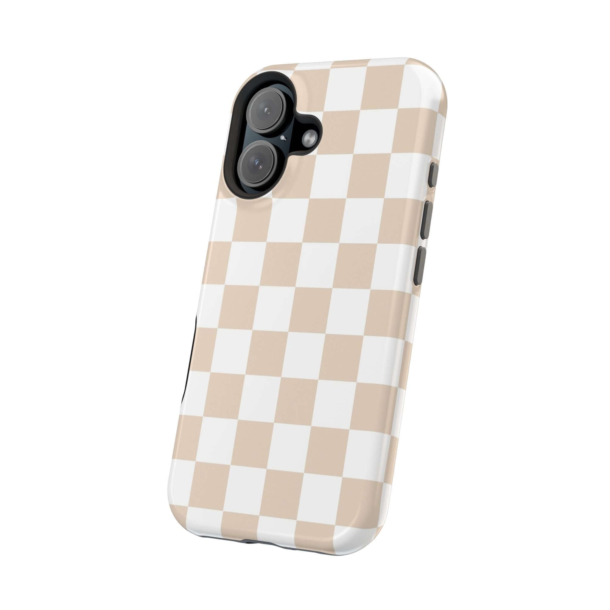 Cream checkered MagSafe iPhone 16 case with beige and white pattern, offering cute and protective design.