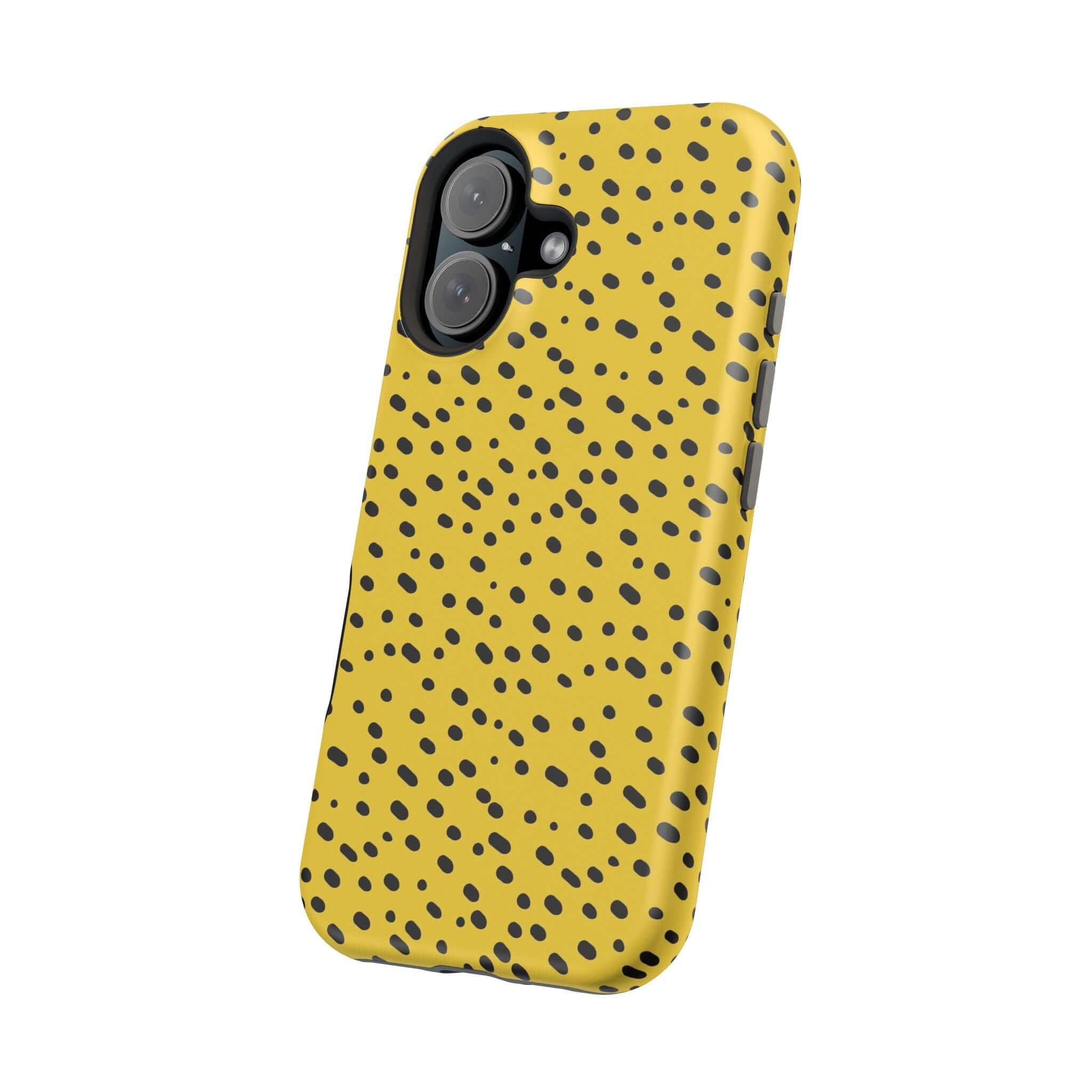 Colorful iPhone case with yellow cheetah spots, cute and abstract design, perfect for stylish phone protection.