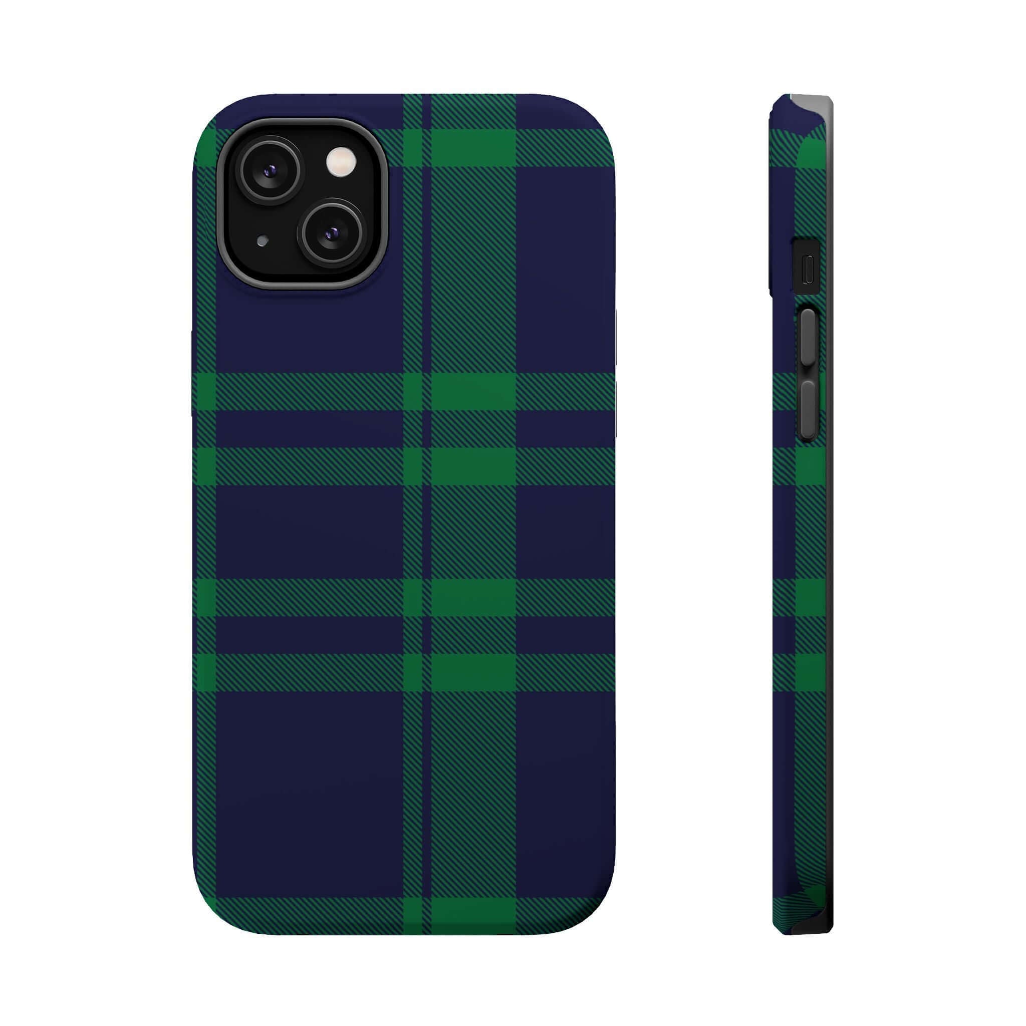 Mistletoe Plaid MagSafe Case for iPhone, featuring a festive green and navy plaid pattern, perfect for the holiday season.