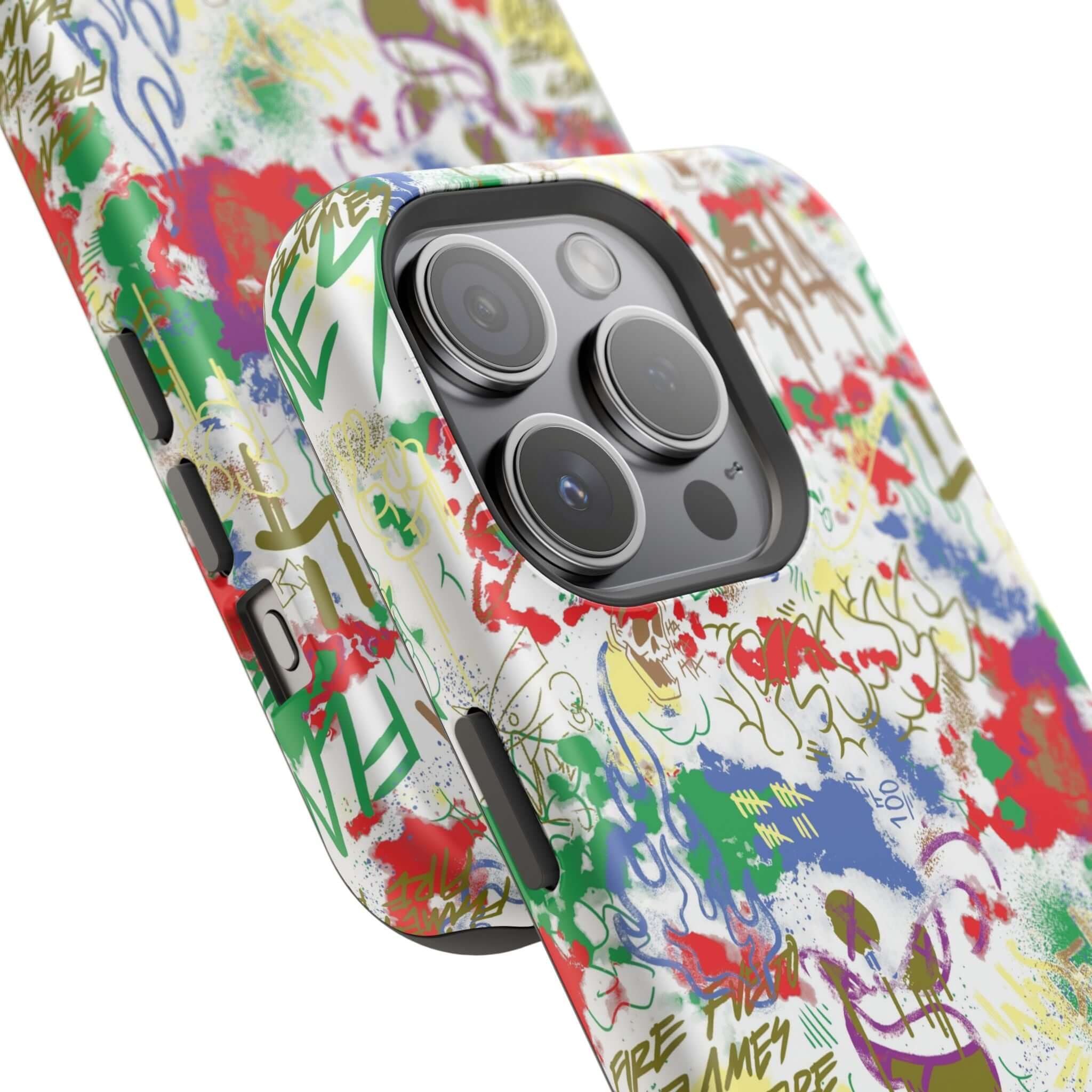 Colorful graffiti phone case showcasing MagSafe technology, perfect cute phone cover for iPhone lovers.