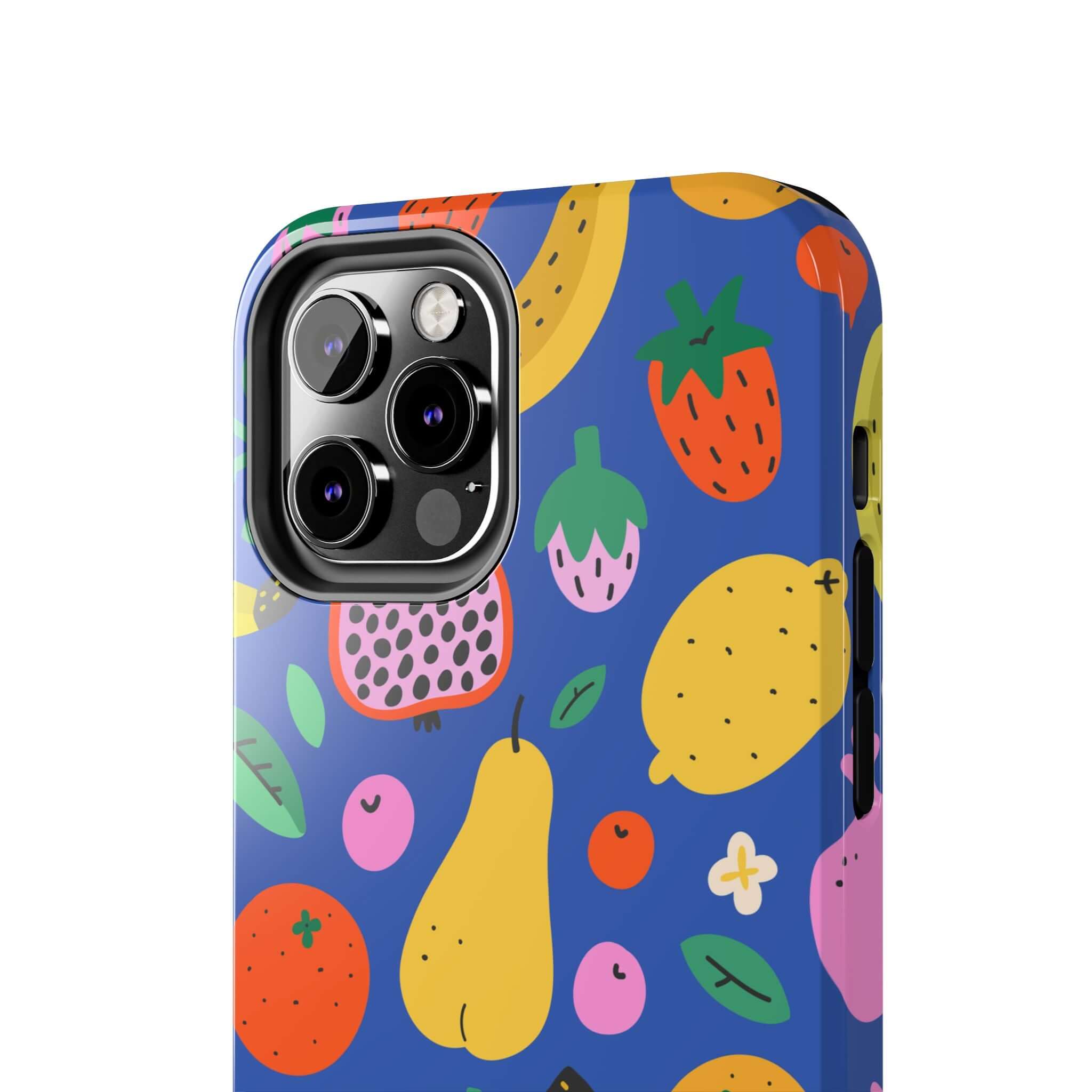 Cute phone cover featuring a colorful beachy fruit design on a protective Apple iPhone case. Perfect for summer vibes!