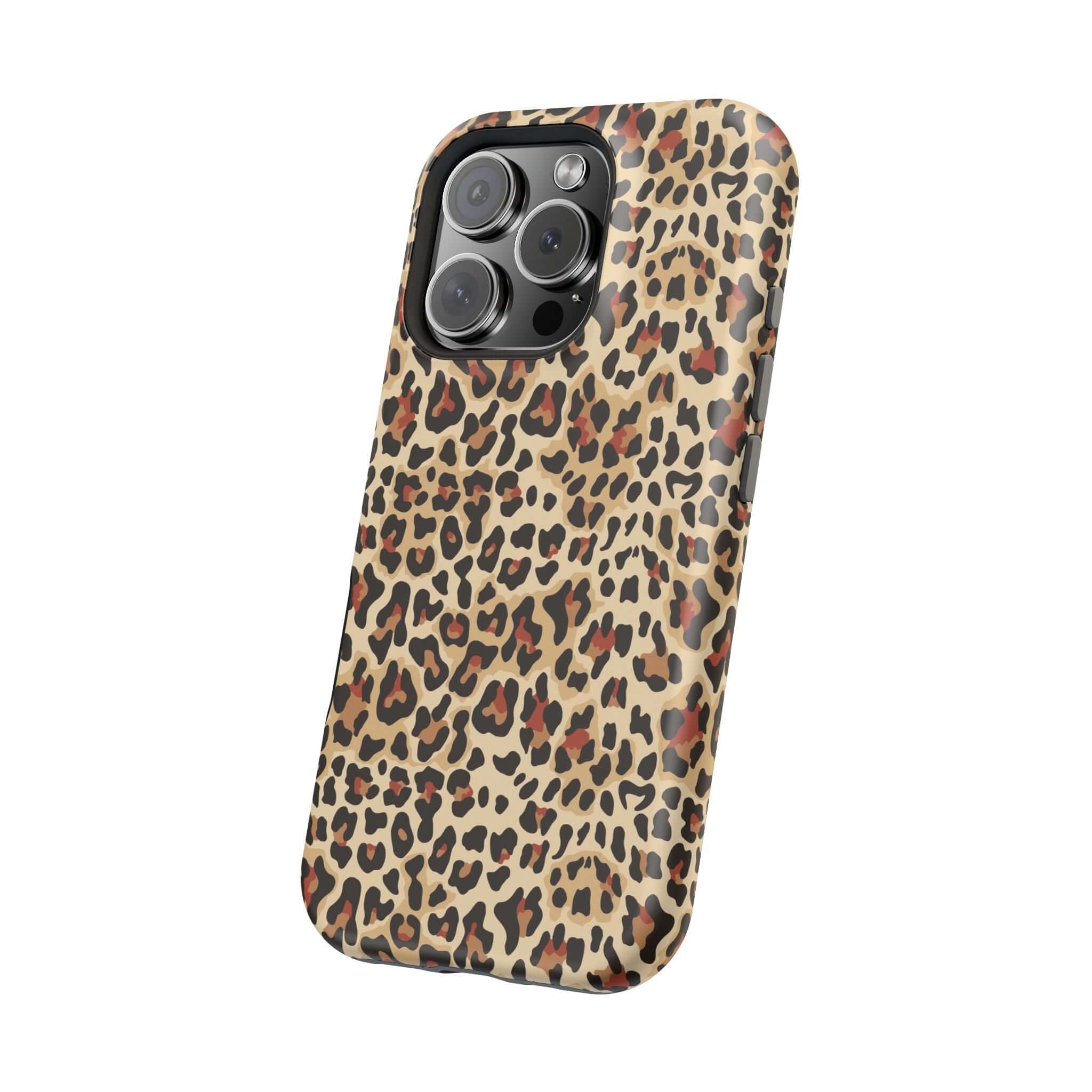 Leopard print MagSafe iPhone case, stylish and protective, featuring a colorful, abstract design for a cute and chic phone accessory.