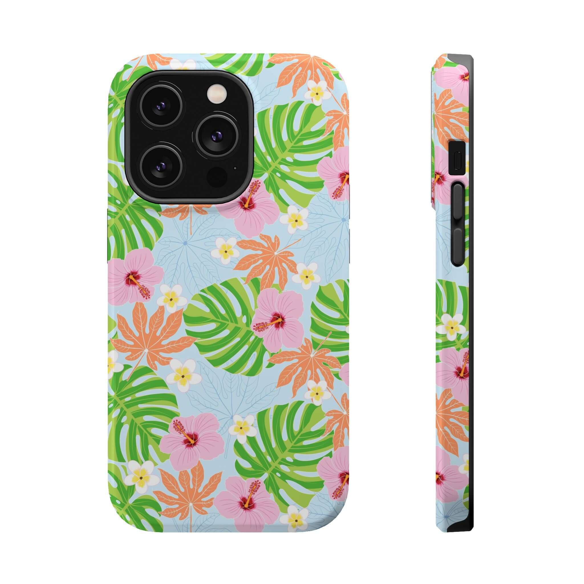 MagSafe iPhone 14 Pro case with Island Hibiscus floral design and tropical colors, cute phone cover for style and protection