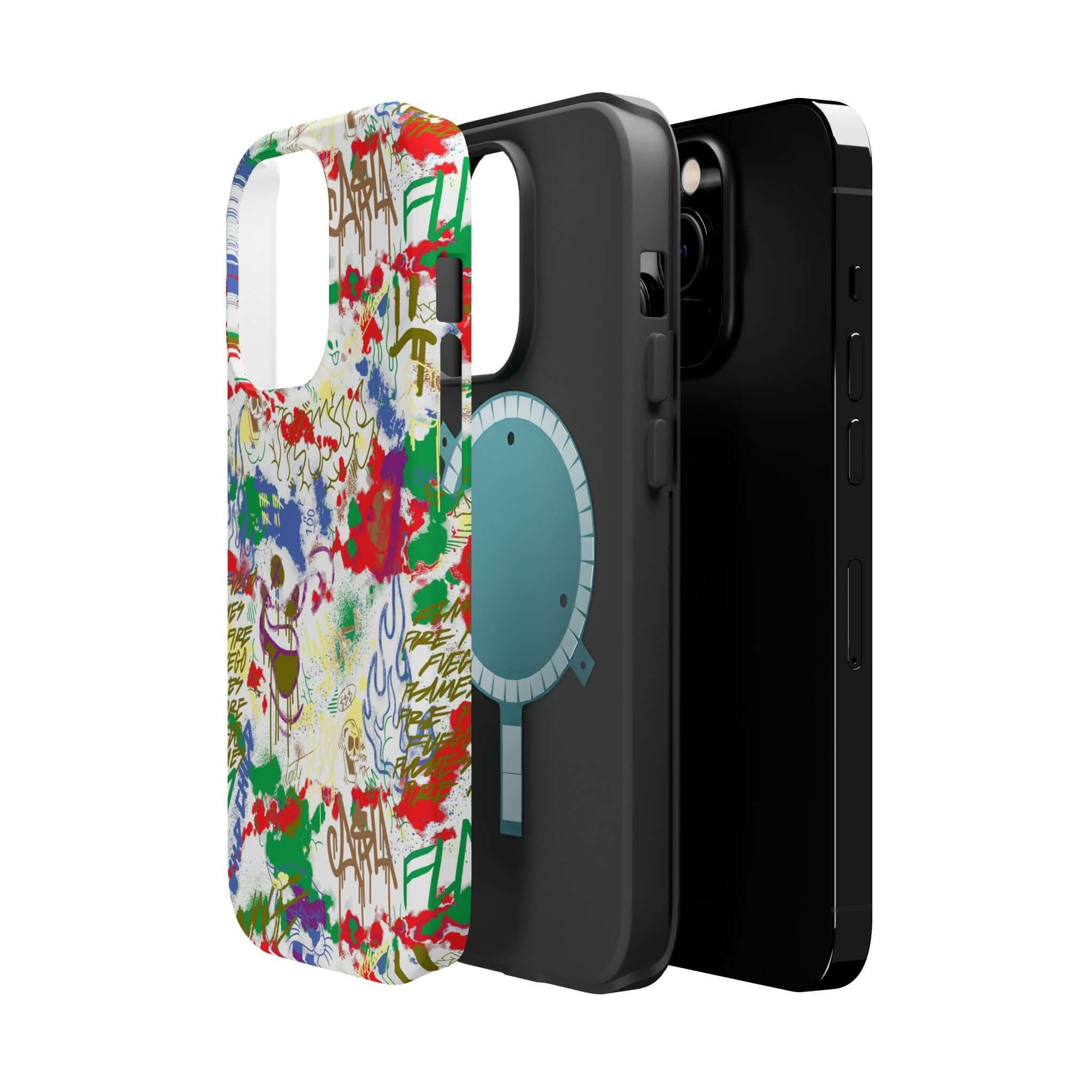 Colorful Art Attack graffiti phone case alongside sleek black cases for iPhone, perfect for art lovers and protection.