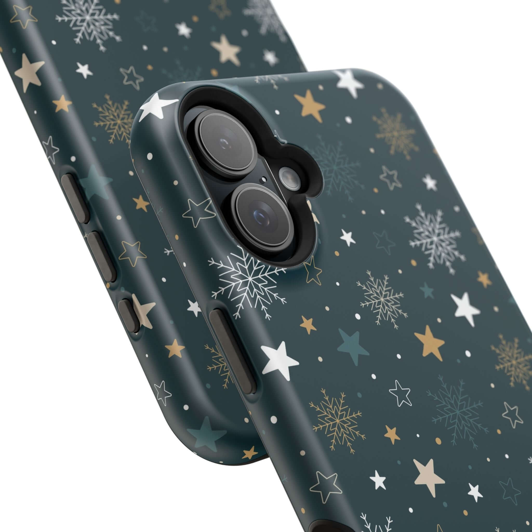 Frosted Wishes MagSafe Christmas phone case with festive snowflakes and stars design, holiday phone cover for easy and secure charging.