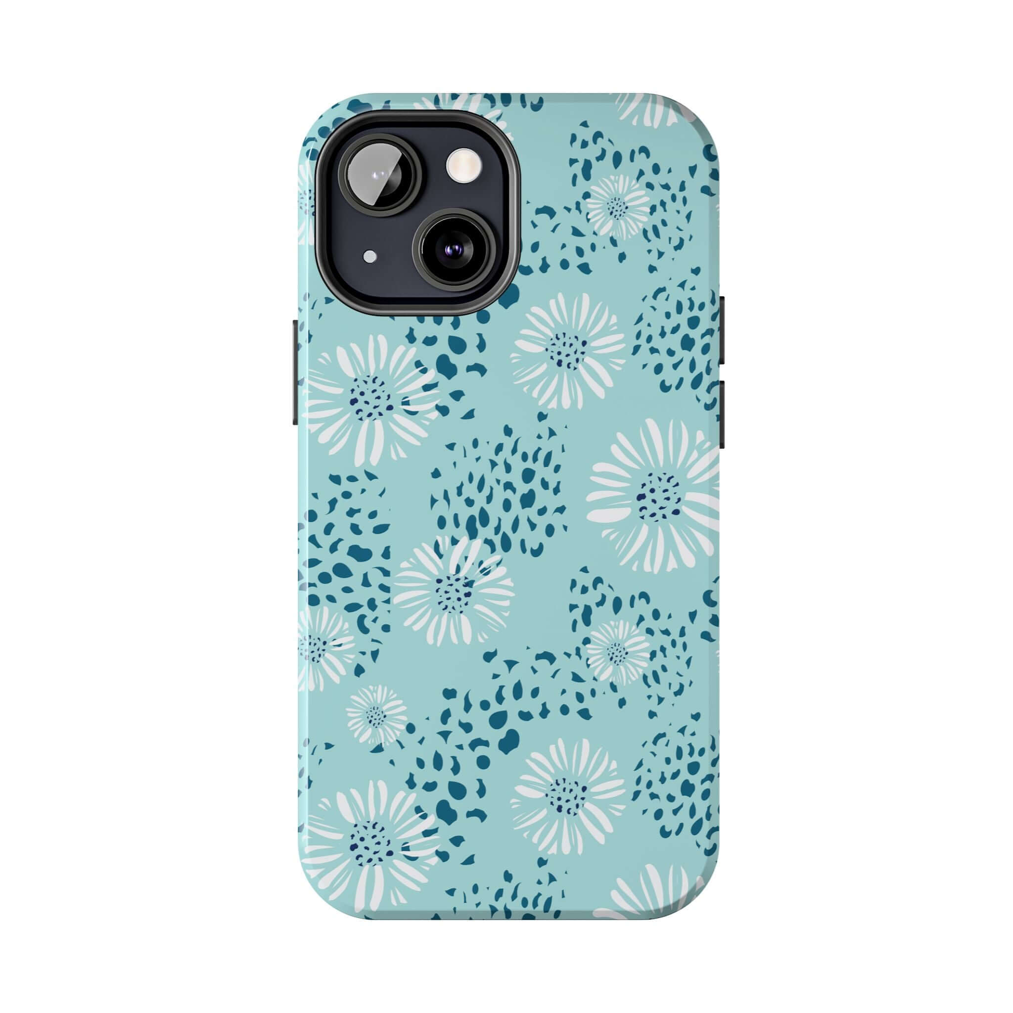 Coastal Aesthetics Floral Beach phone case for iPhone 14 Pro Max and Samsung S23 in teal with a colorful flower pattern.