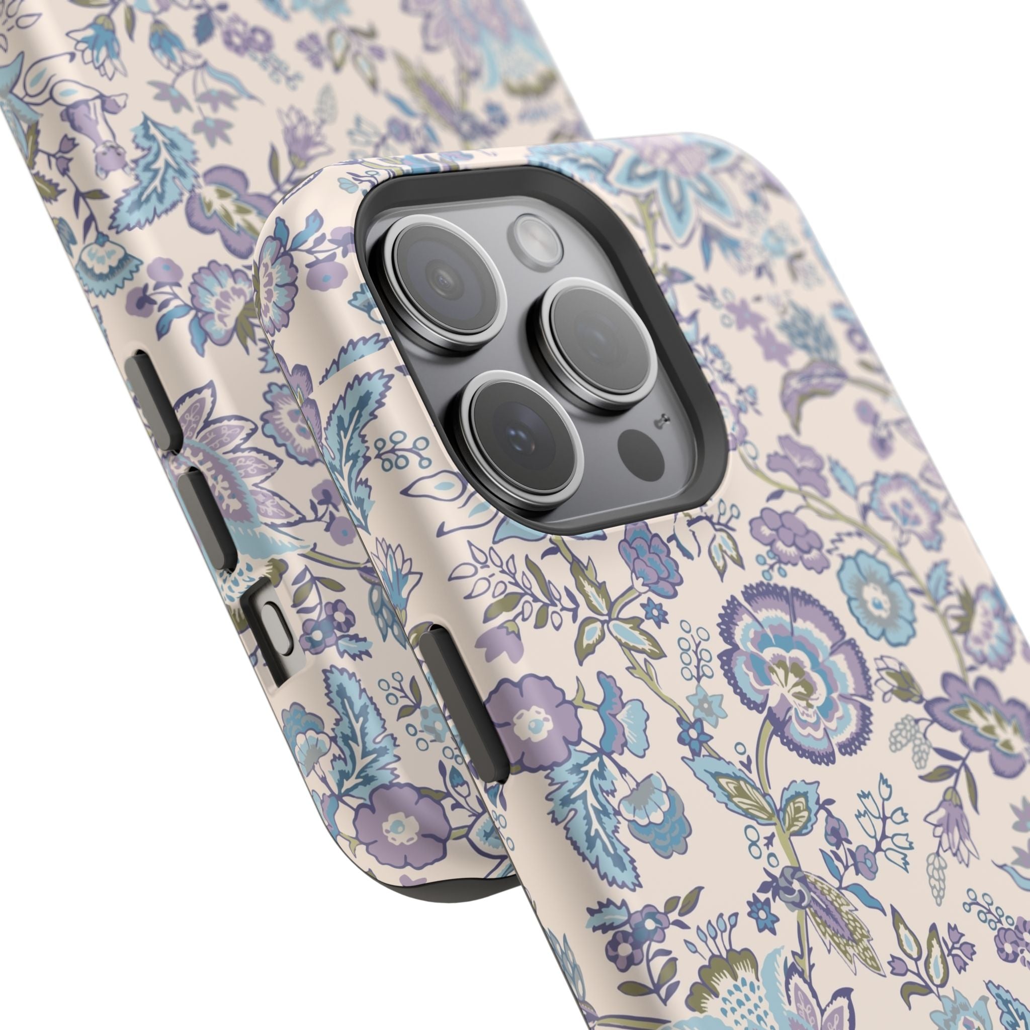 Blue CottageCore MagSafe iPhone case with floral design, cute phone cover for nature lovers, whimsical garden strolls protection.