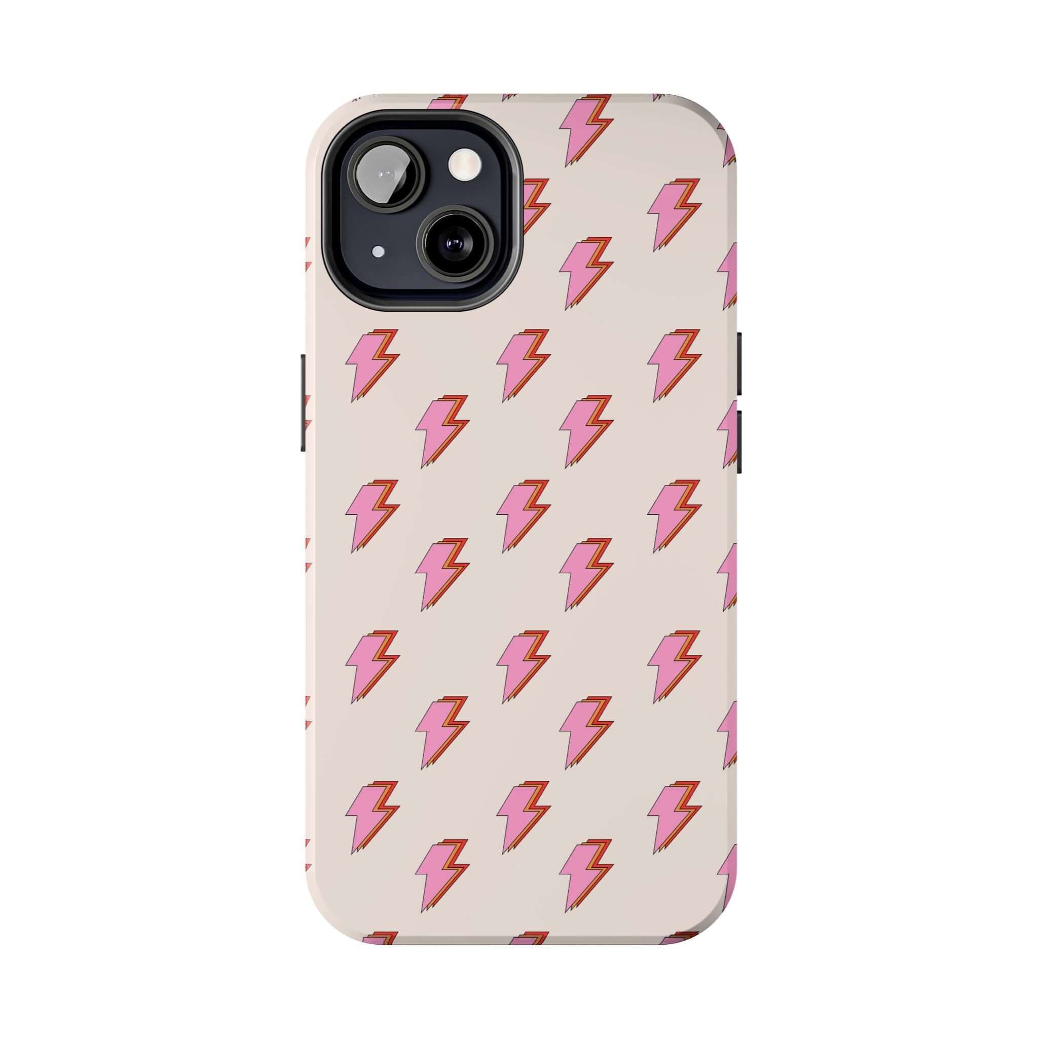 Cute iPhone case with pink lightning bolts for iPhone 14 and 15, perfect pop of personality with free shipping.