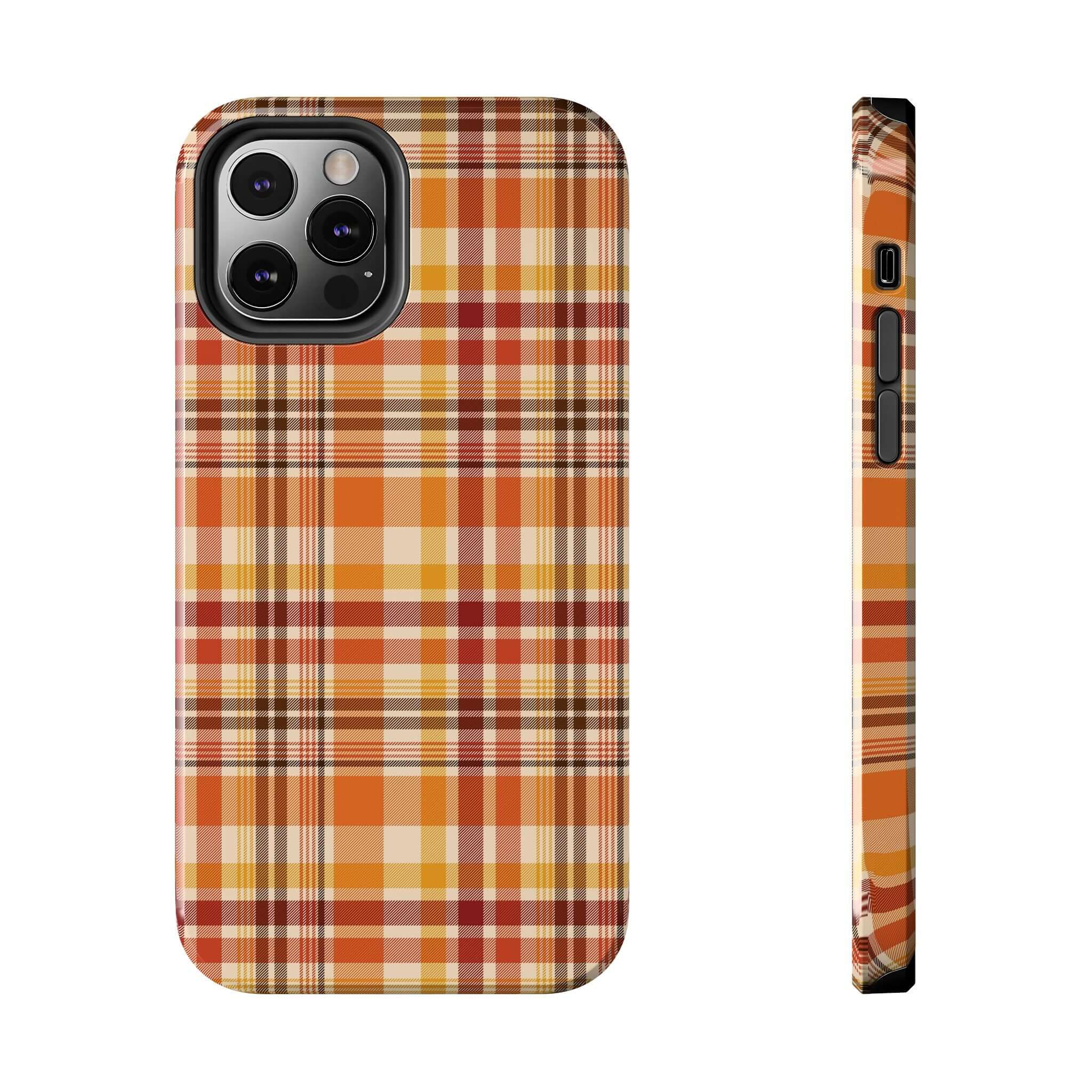 Autumn Air phone case with fall plaid design, perfect Halloween and fall iPhone case. Cute protective cover with orange and yellow plaid.