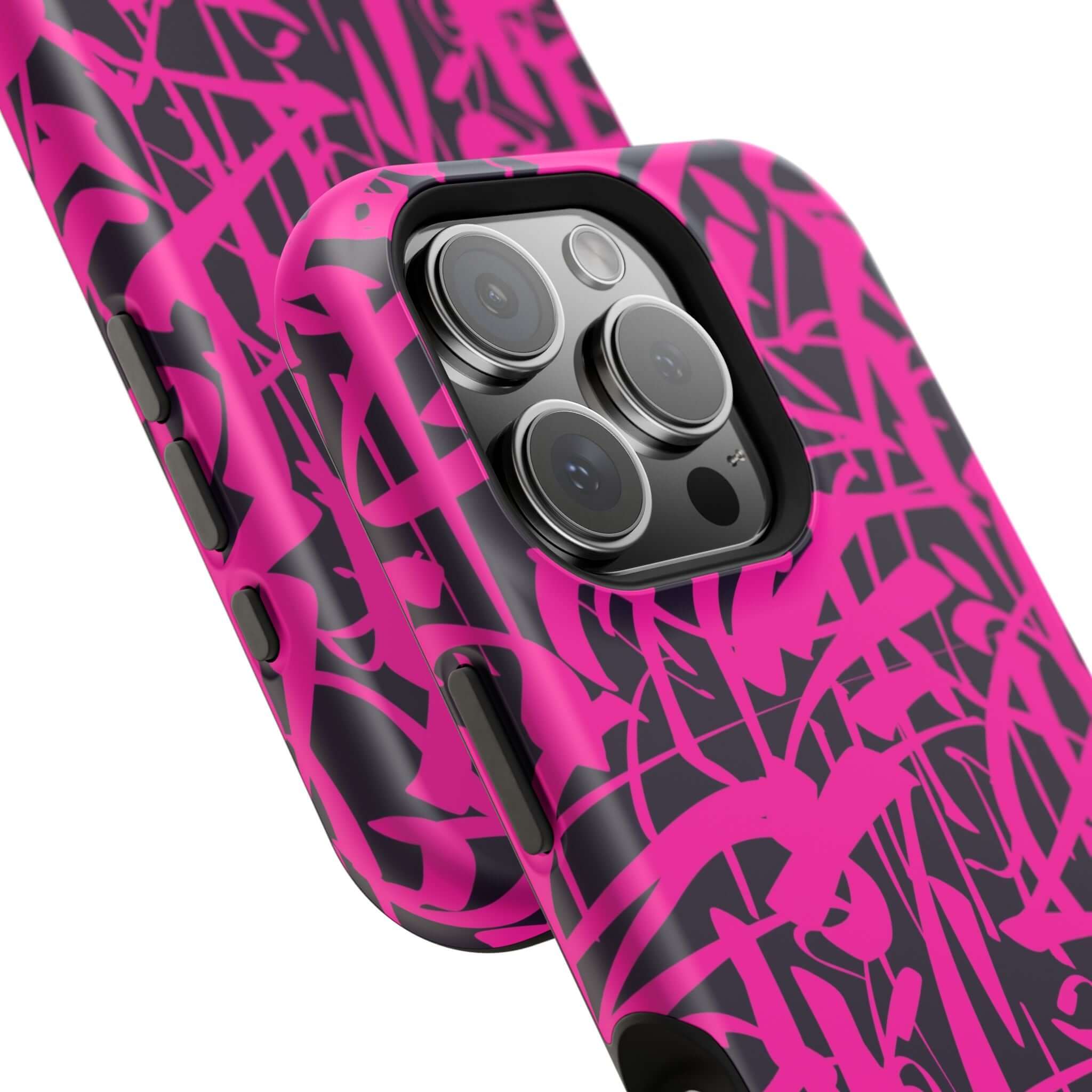 Colorful pink and black Midnight Pop phone case for iPhone, showcasing unique artwork and stylish protection.