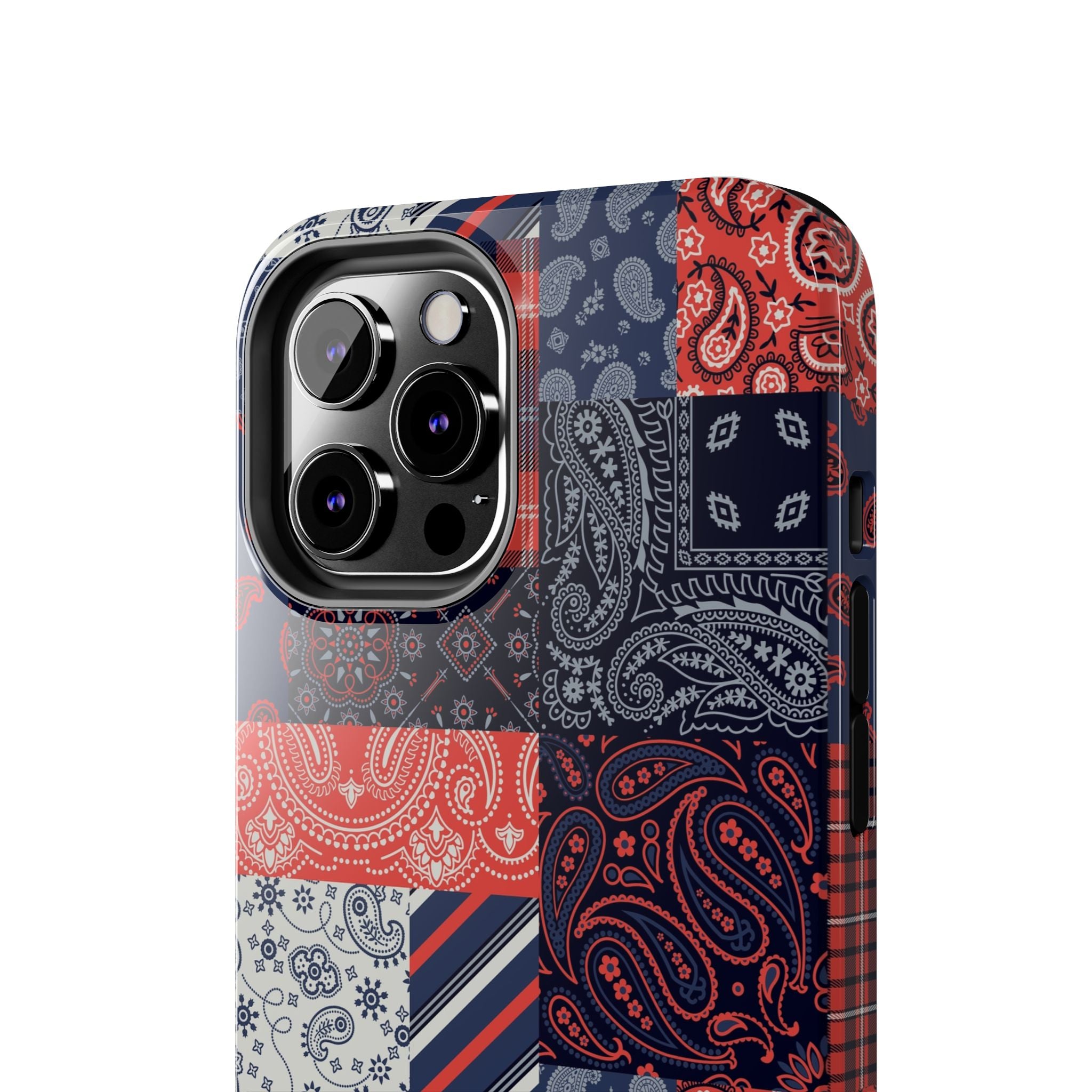 Cute bookish iPhone 14 Pro case with boho bandana patchwork design, perfect phone case for fashion-forward men.