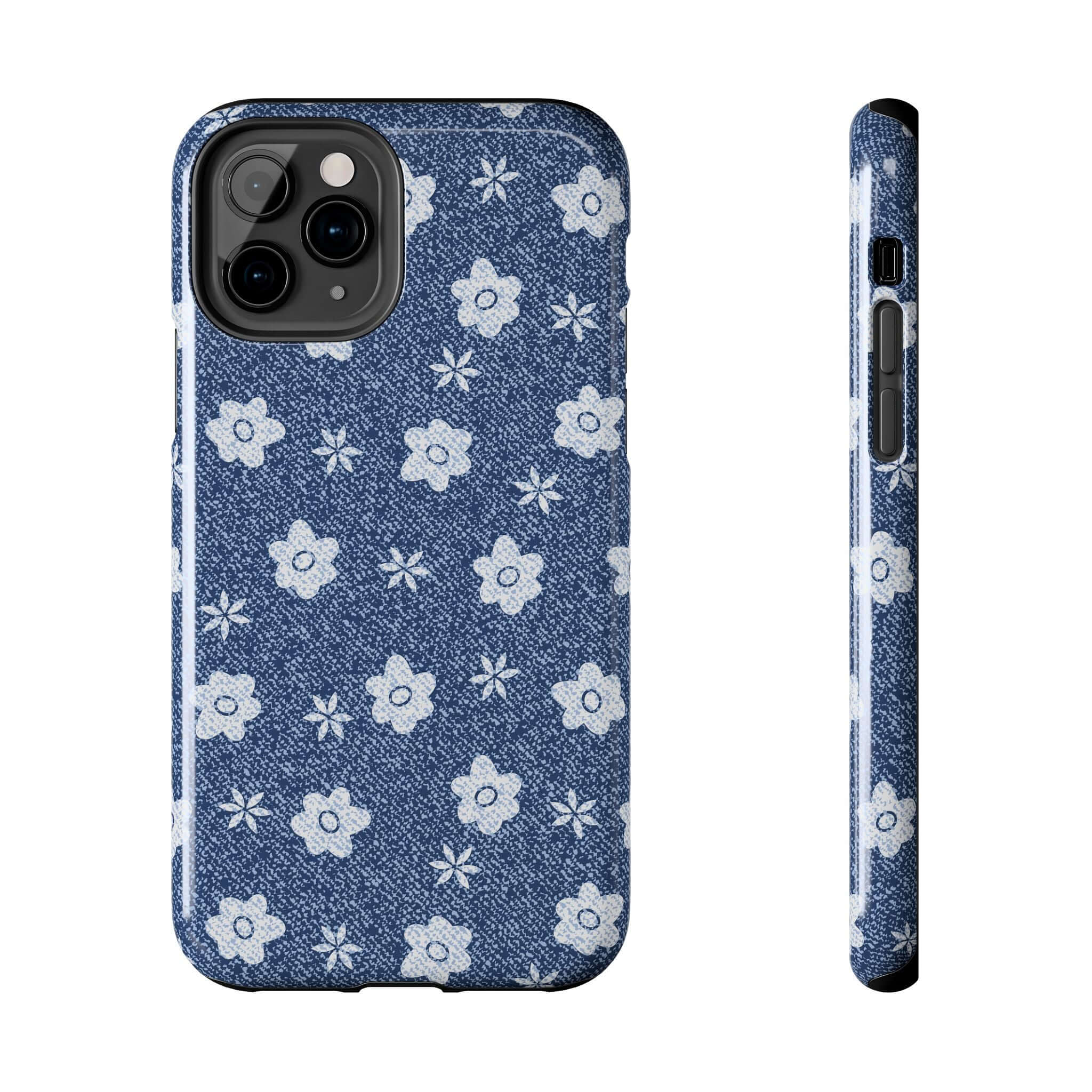 Denim daisies phone case for iPhone 14 Pro Max with cute floral design, shown from front and side angles