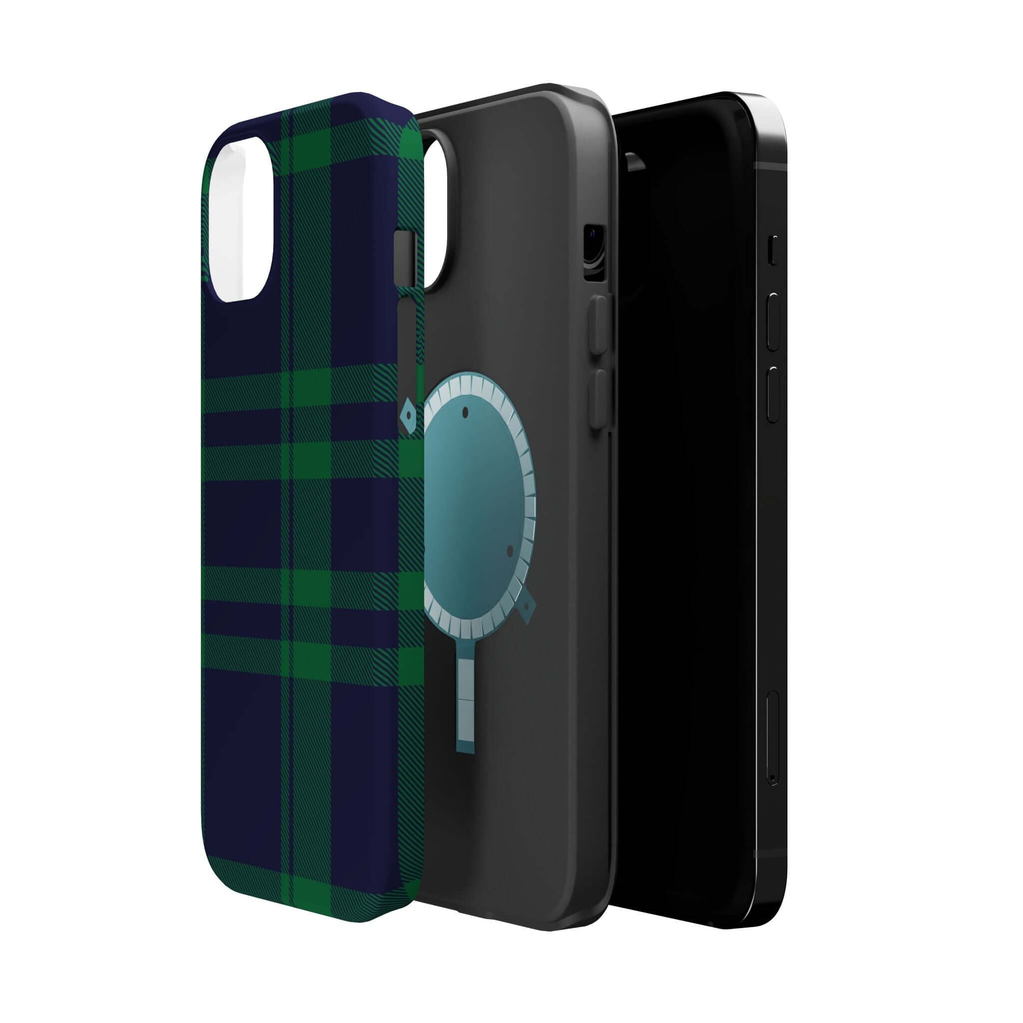 Mistletoe Plaid MagSafe Case showing festive plaid design, perfect cute phone cover for Christmas on iPhone.