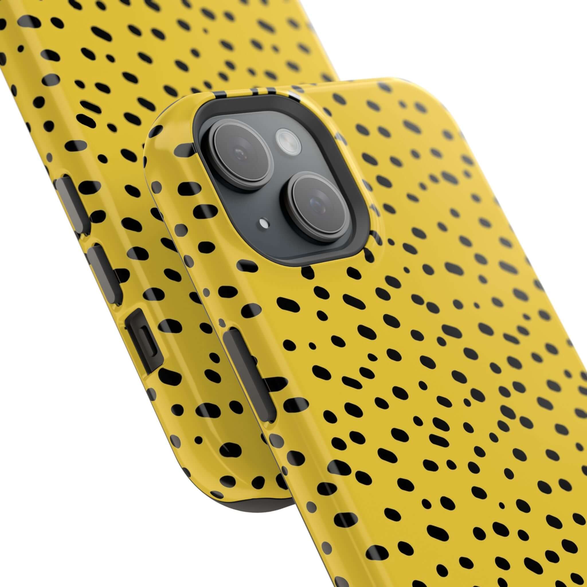 Yellow Cheetah iPhone Case with bold spots, a colorful and cute MagSafe accessory from Spot On, offering stylish protection.