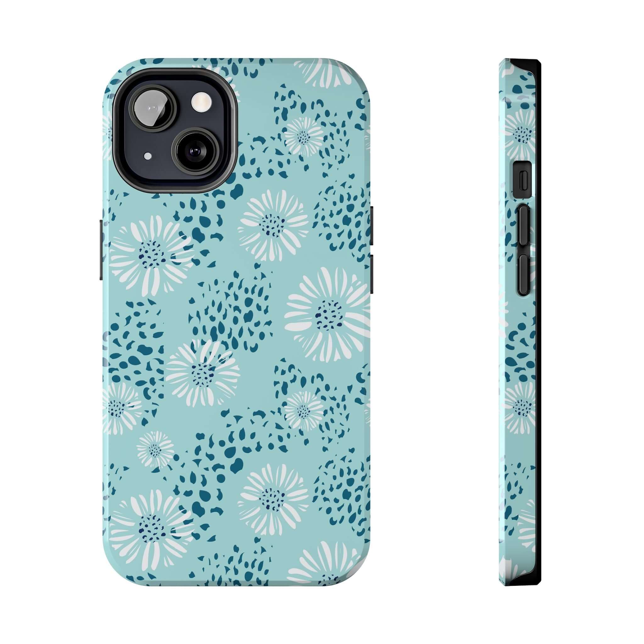 Floral teal beach phone case for iPhone 14 Pro Max or Samsung S23, featuring white flowers and blue accents. Perfect stylish, colorful protection.