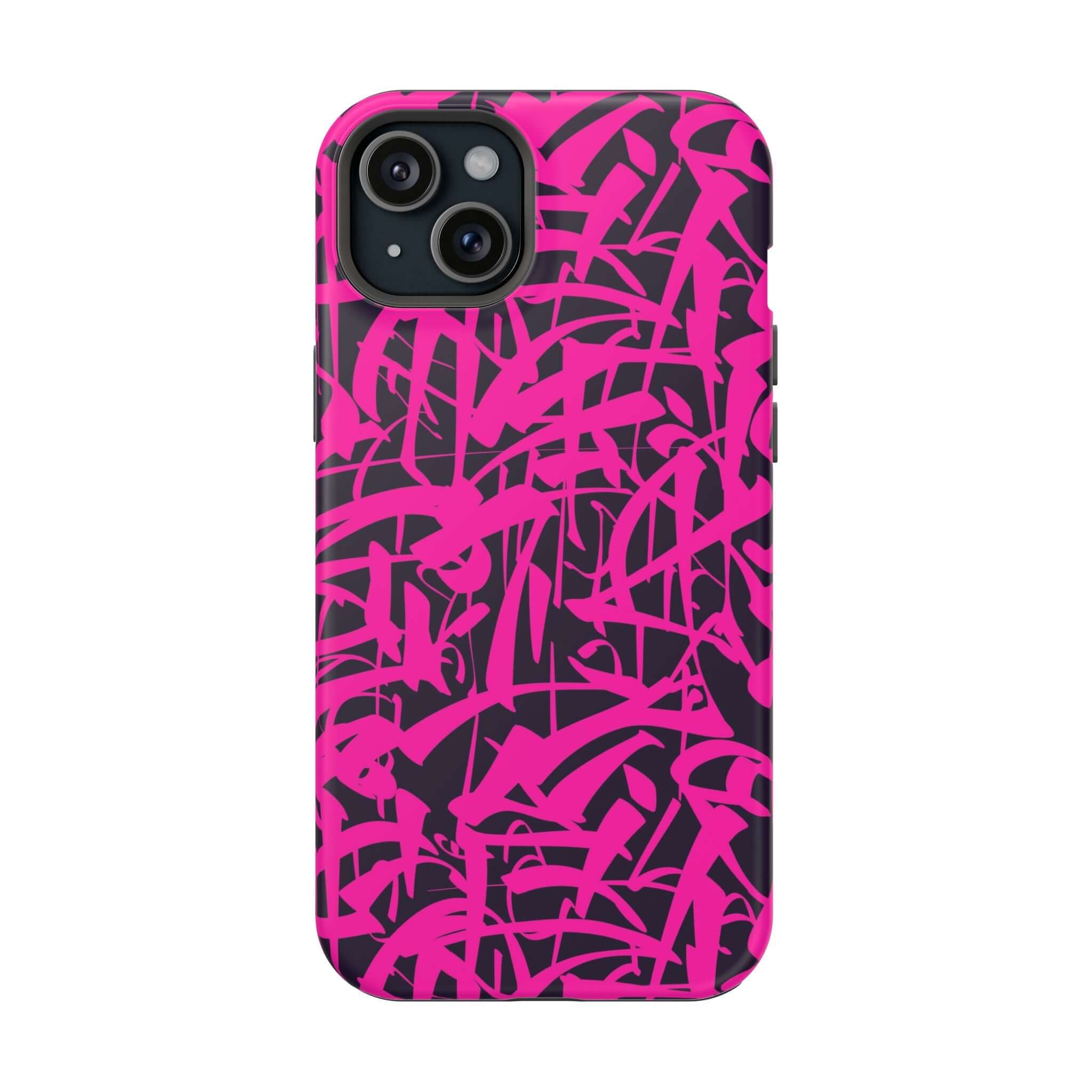 Cute MagSafe phone case with vibrant pink art design, ideal as a playful accessory for your iPhone.