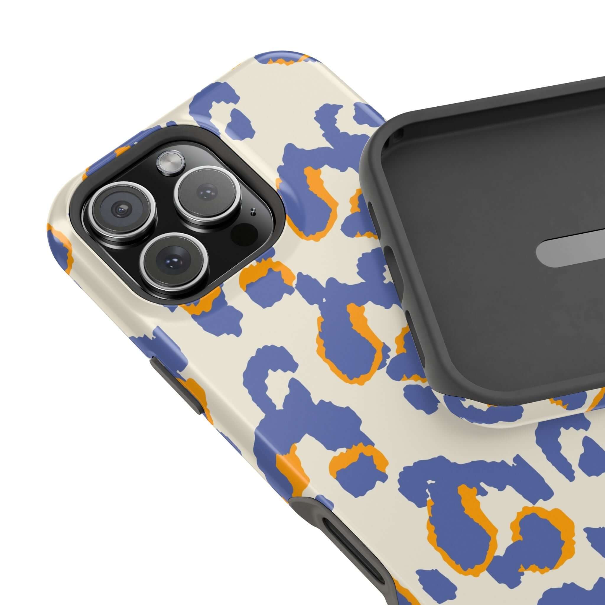 Blue leopard print MagSafe iPhone case with colorful abstract design, offering cute and stylish protection for your phone.