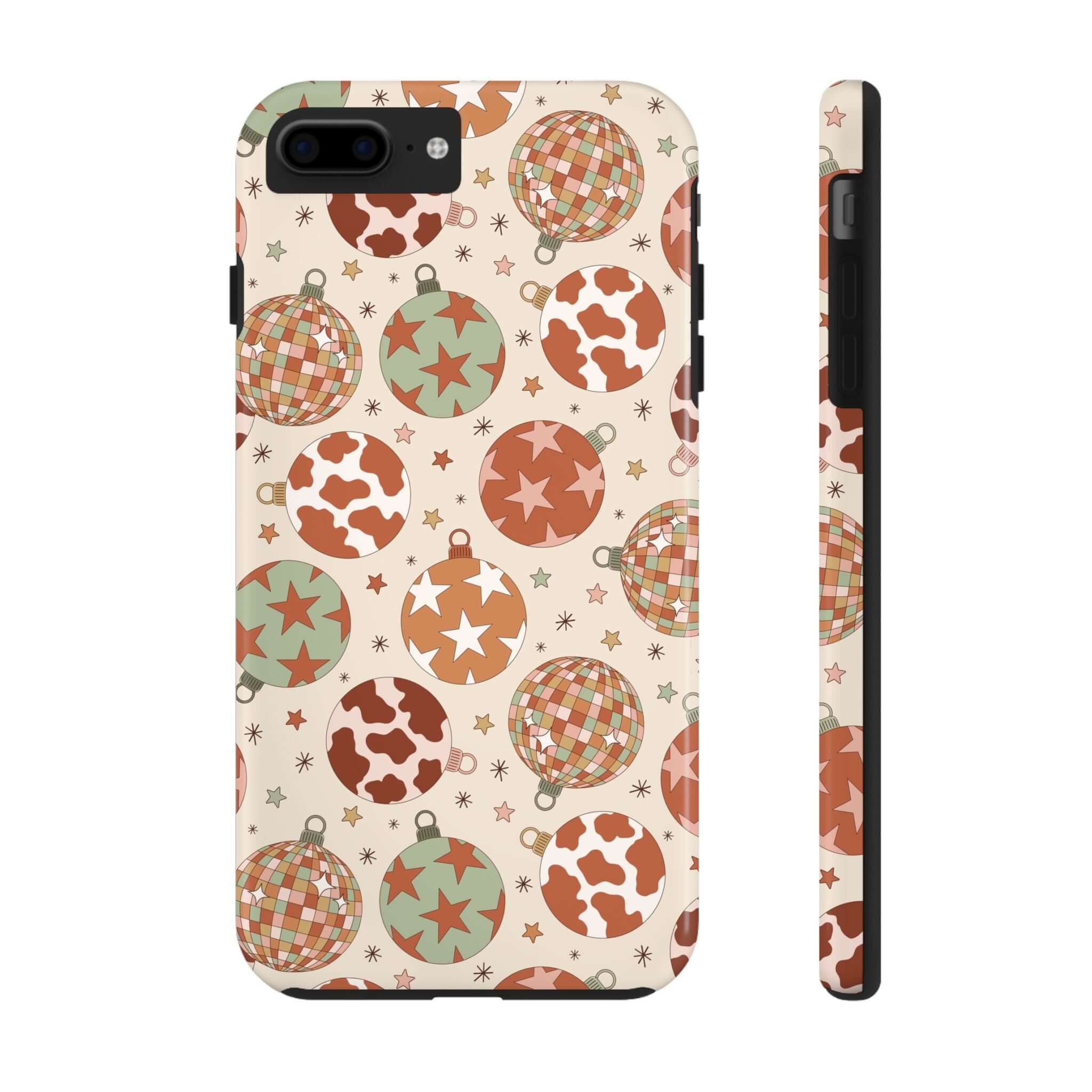 Cute iPhone case with colorful western-themed Christmas ornaments pattern, perfect holiday gift or festive phone cover.