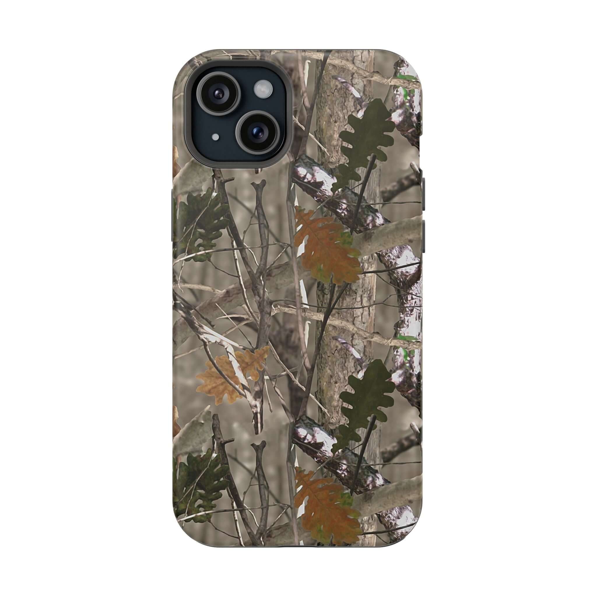 Modern forest camo MagSafe phone case with cute animal print design, perfect for stylish protection.