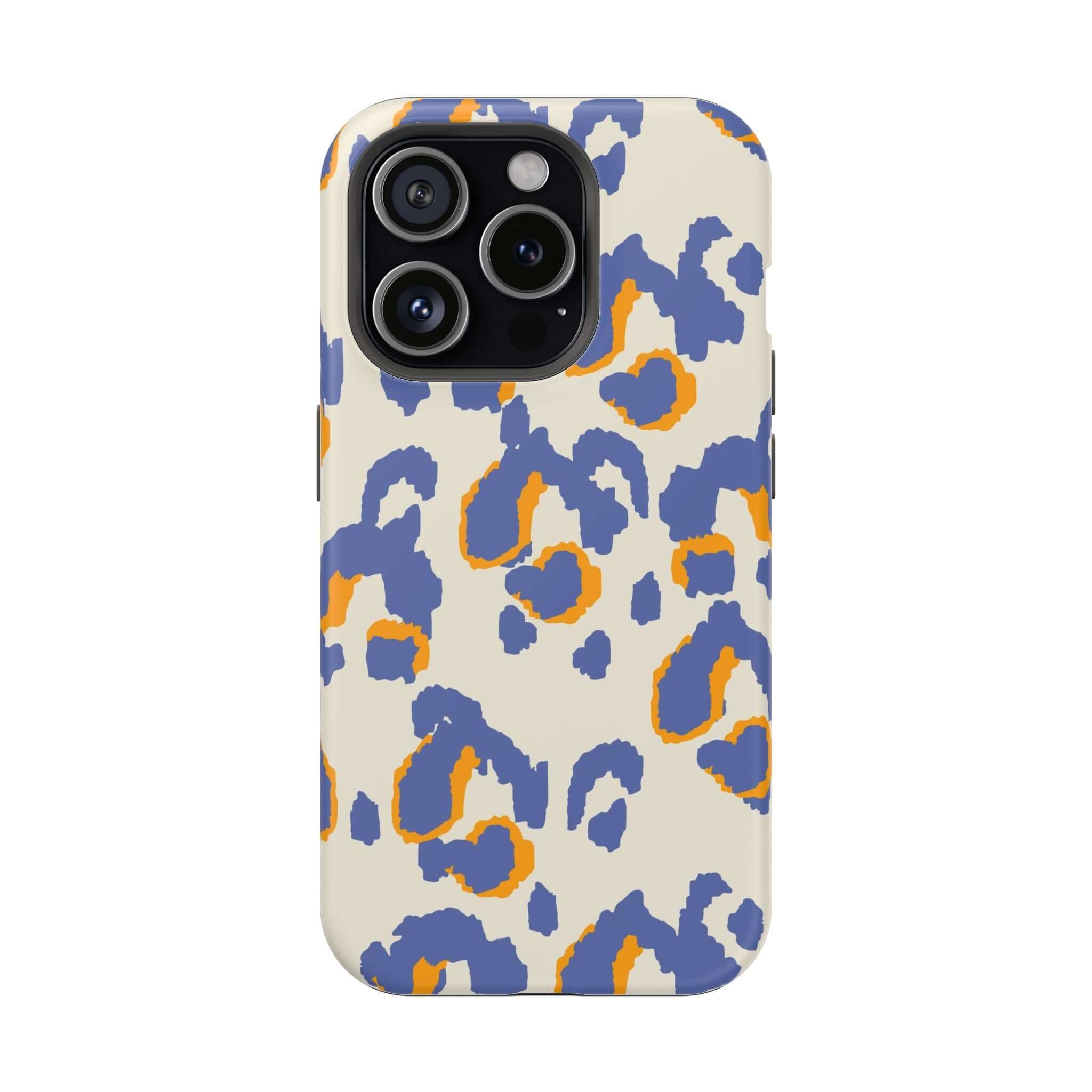 Blue leopard print Safari Blaze MagSafe case, colorful cute iPhone case with abstract design.