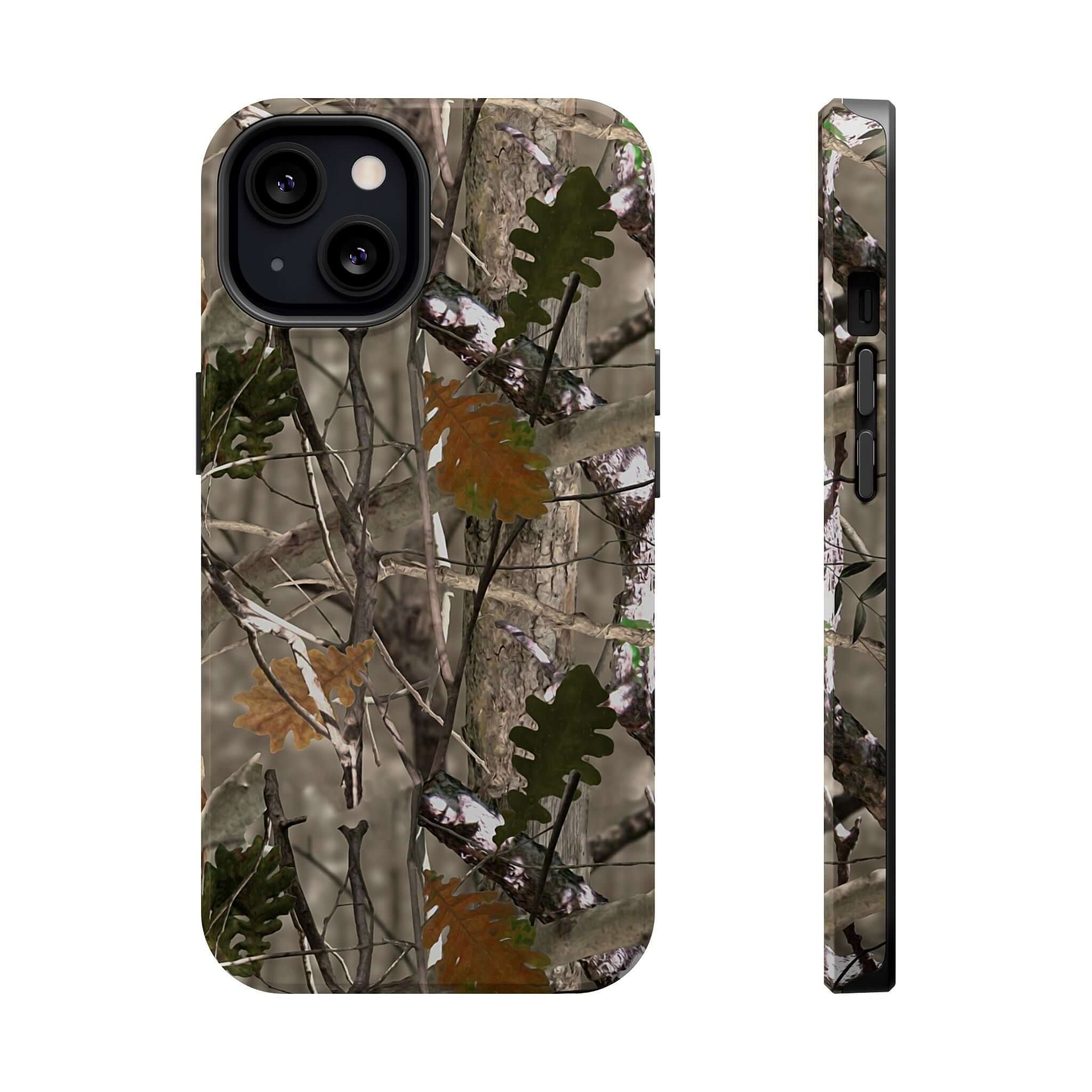 Modern forest camo phone case with animal print design, compatible with MagSafe. Cute and stylish protection for iPhone.