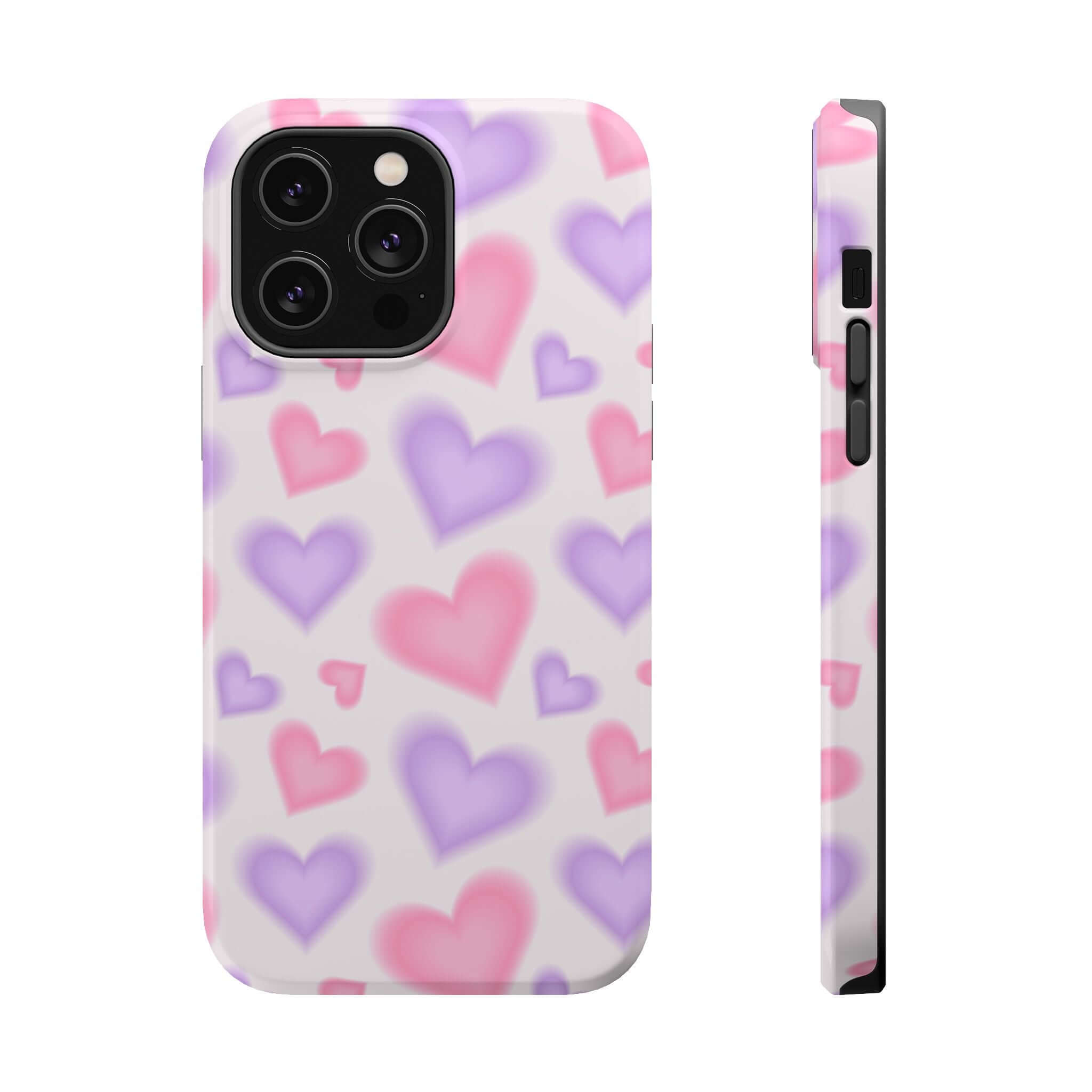 Cute phone cover featuring a blurred design of pink and purple hearts, perfect for protecting your Apple iPhone in style.