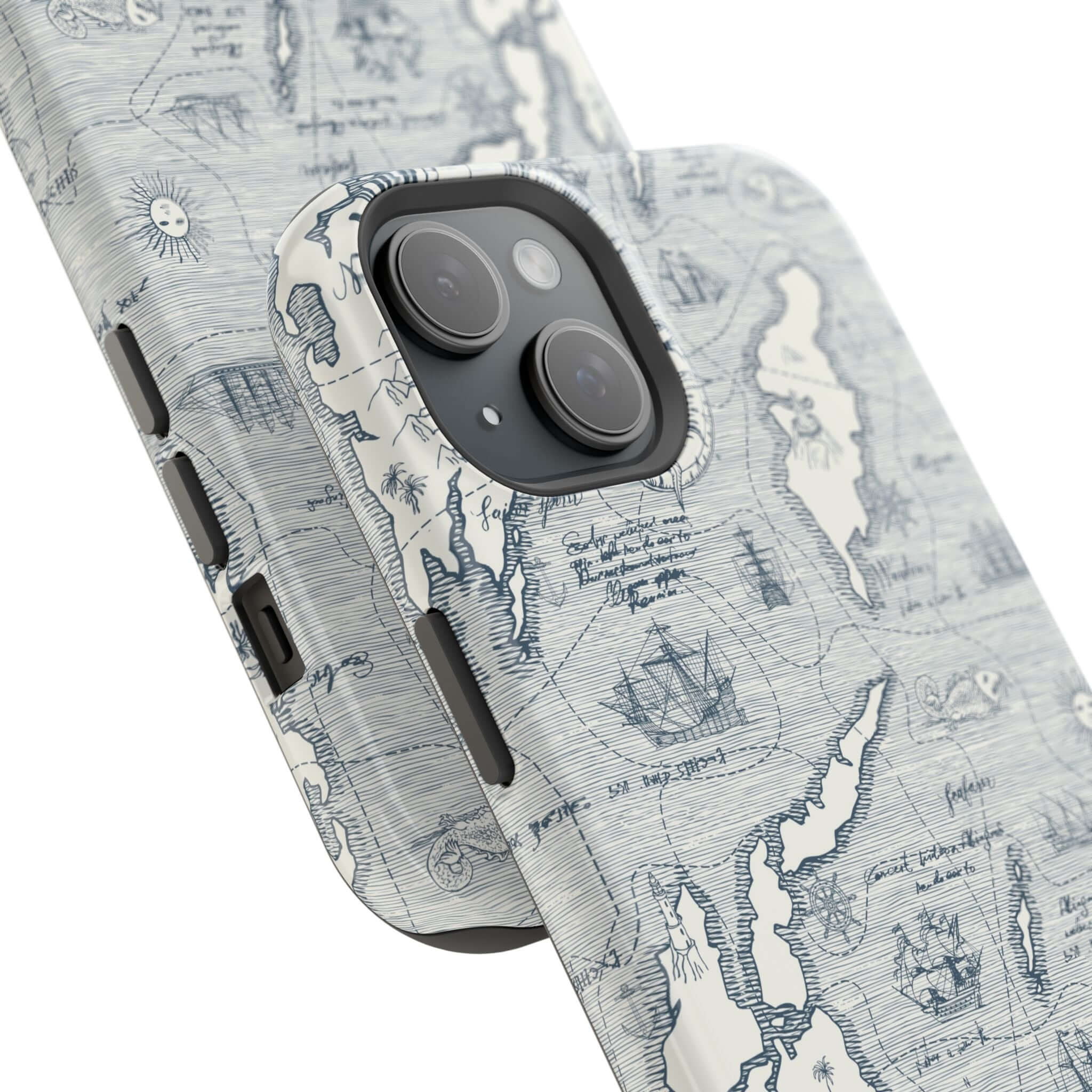 Teal Pirates Passageway phone case with nautical map design on iPhone 14 Pro Max, featuring MagSafe technology for secure fit.