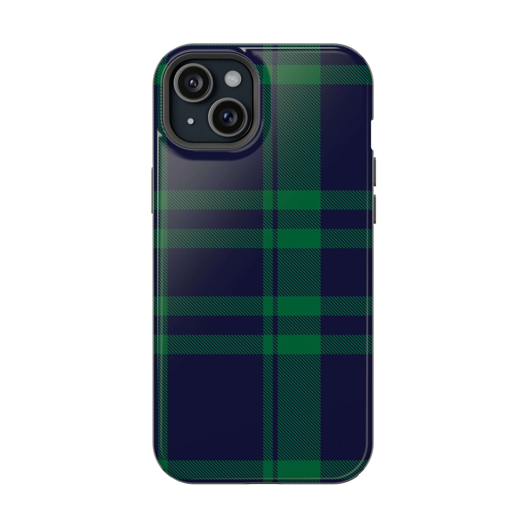 Festive Mistletoe Plaid MagSafe case for iPhone, a cute phone cover perfect for the holiday season.