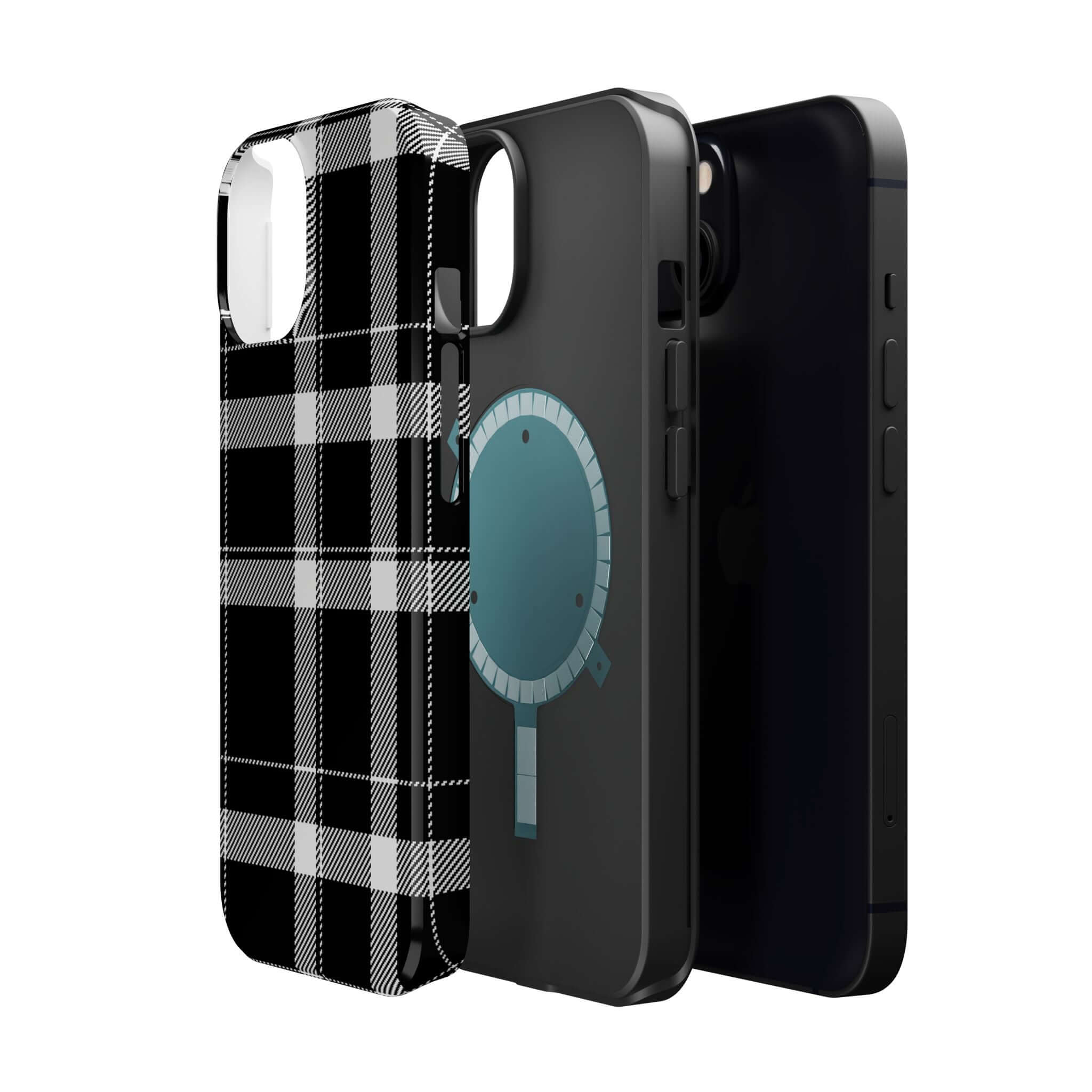 Stylish black plaid and sleek black phone cases for Apple iPhone, offering both protection and a cute look.