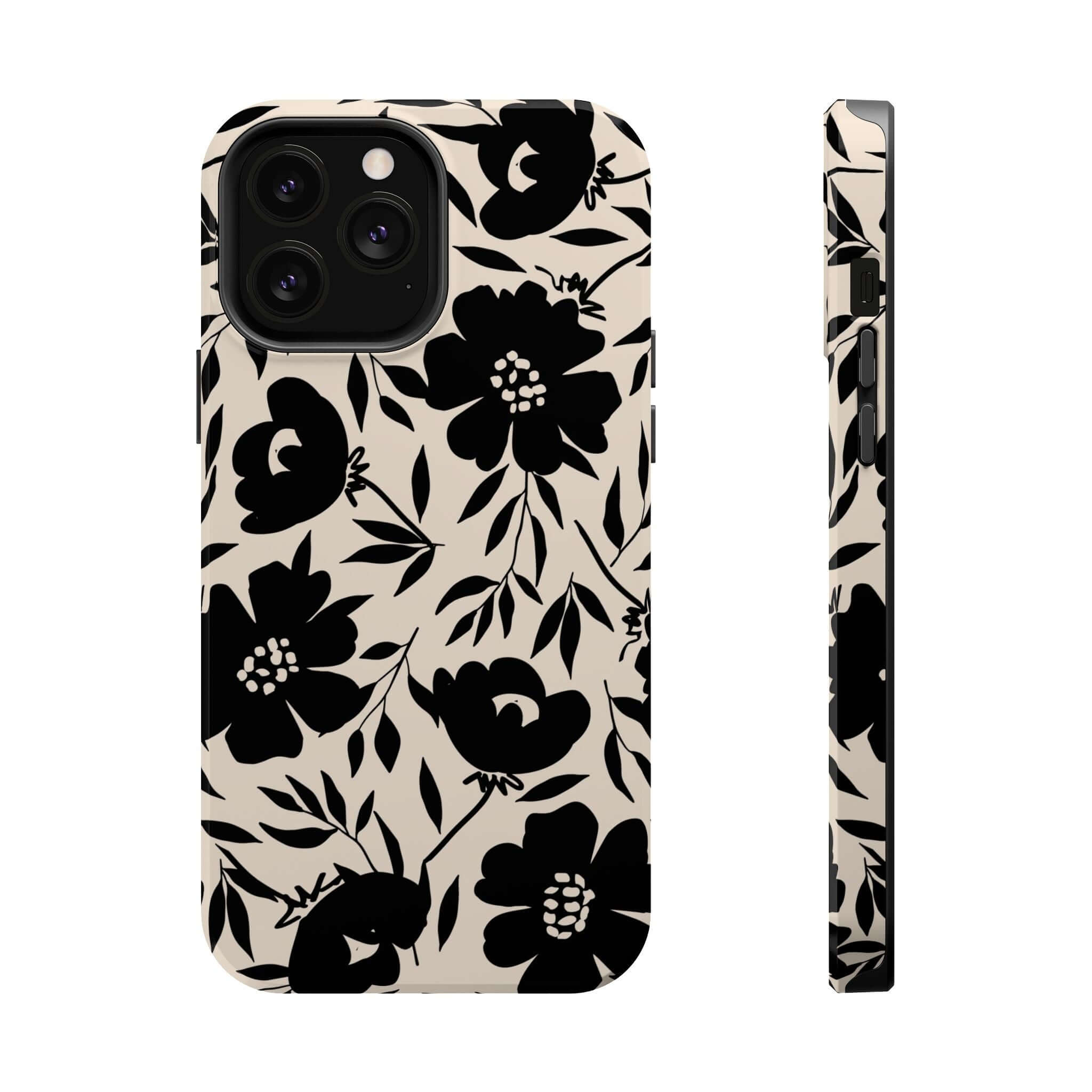 Black floral iPhone 16 case with bold flower design, Eclipse Garden series, cute phone accessory.