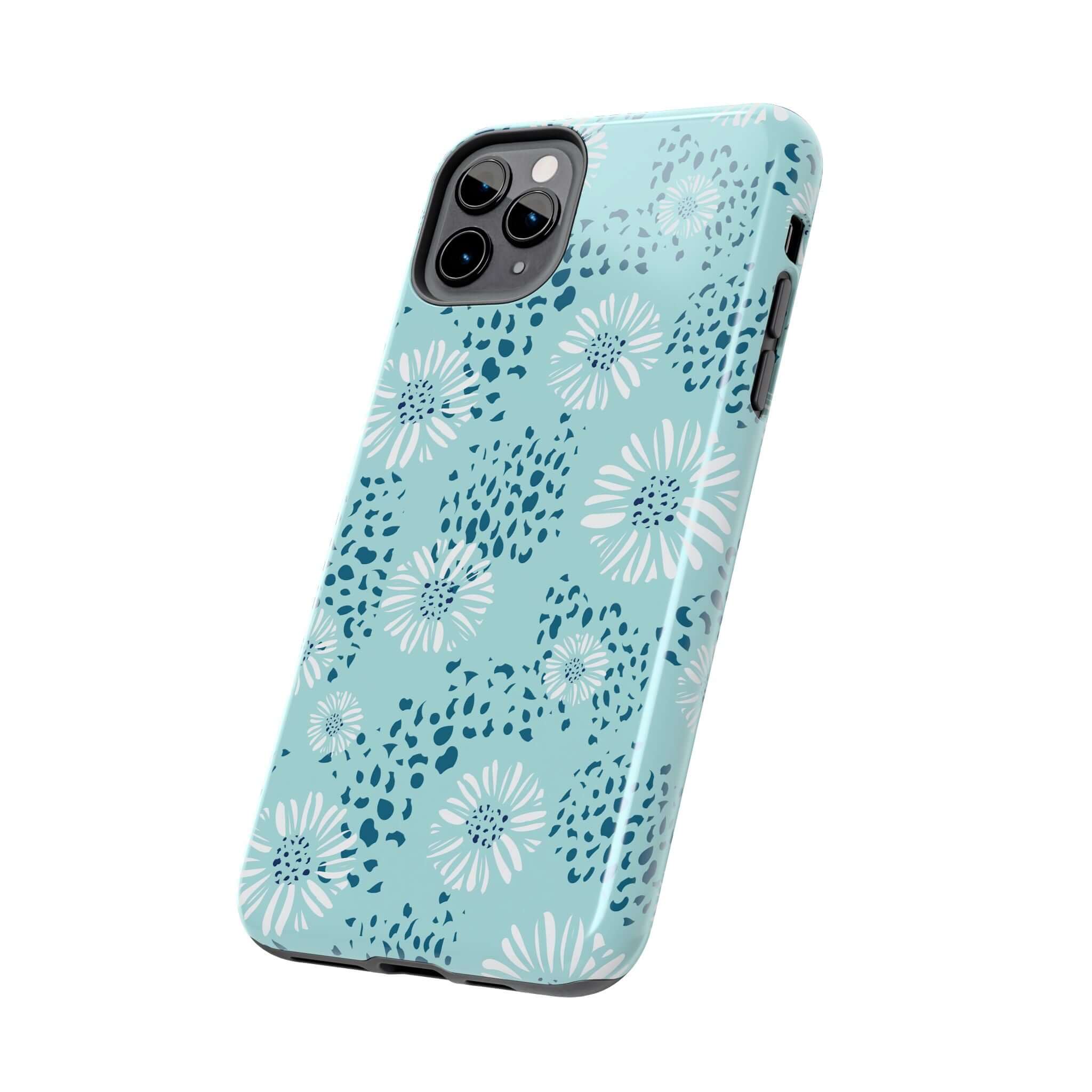 Teal floral beach phone case for iPhone with a coastal design, showcasing a stylish and colorful protective case for cute phone enthusiasts.