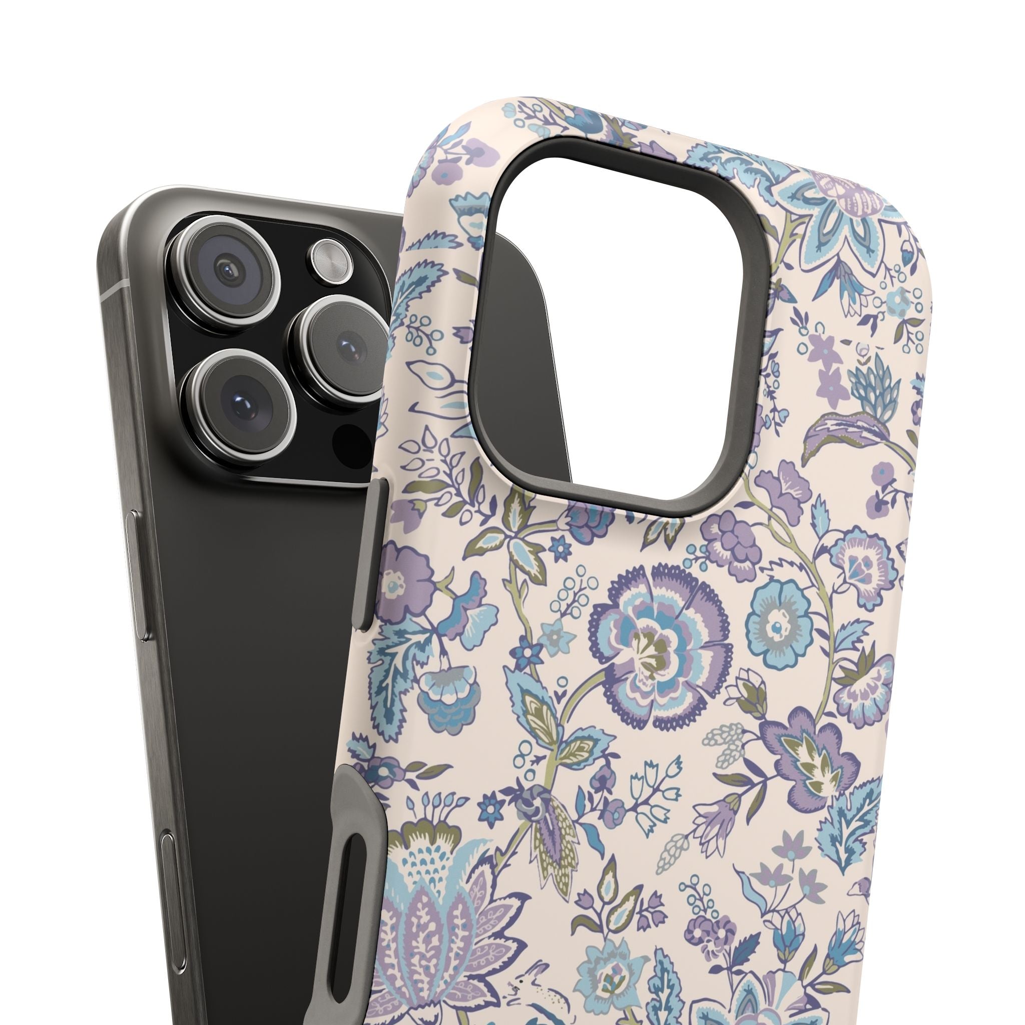 Blue CottageCore floral MagSafe iPhone case with whimsical design, perfect cute phone cover for nature lovers.