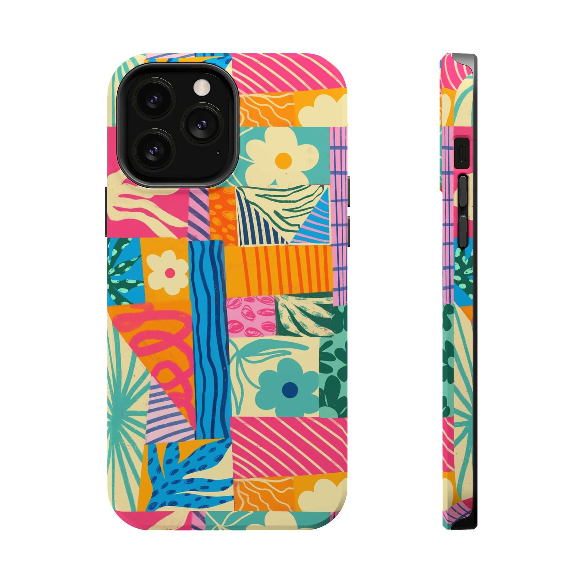 Colorful patchwork phone case for iPhone, vibrant design with floral and abstract patterns, perfect for beach lovers and fun style.