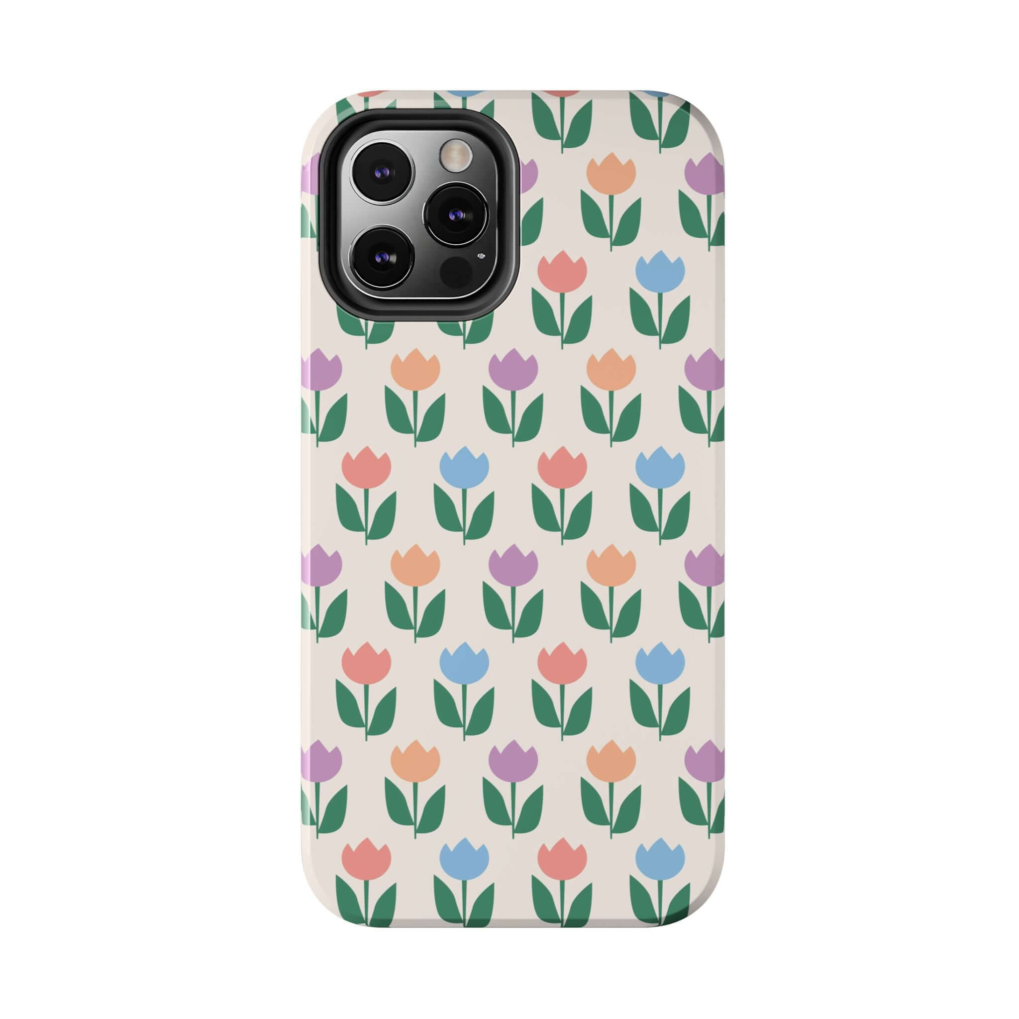 iPhone 14 Pro Max phone case with colorful tulip pattern in vibrant floral design. Ideal cute accessory for iPhones.