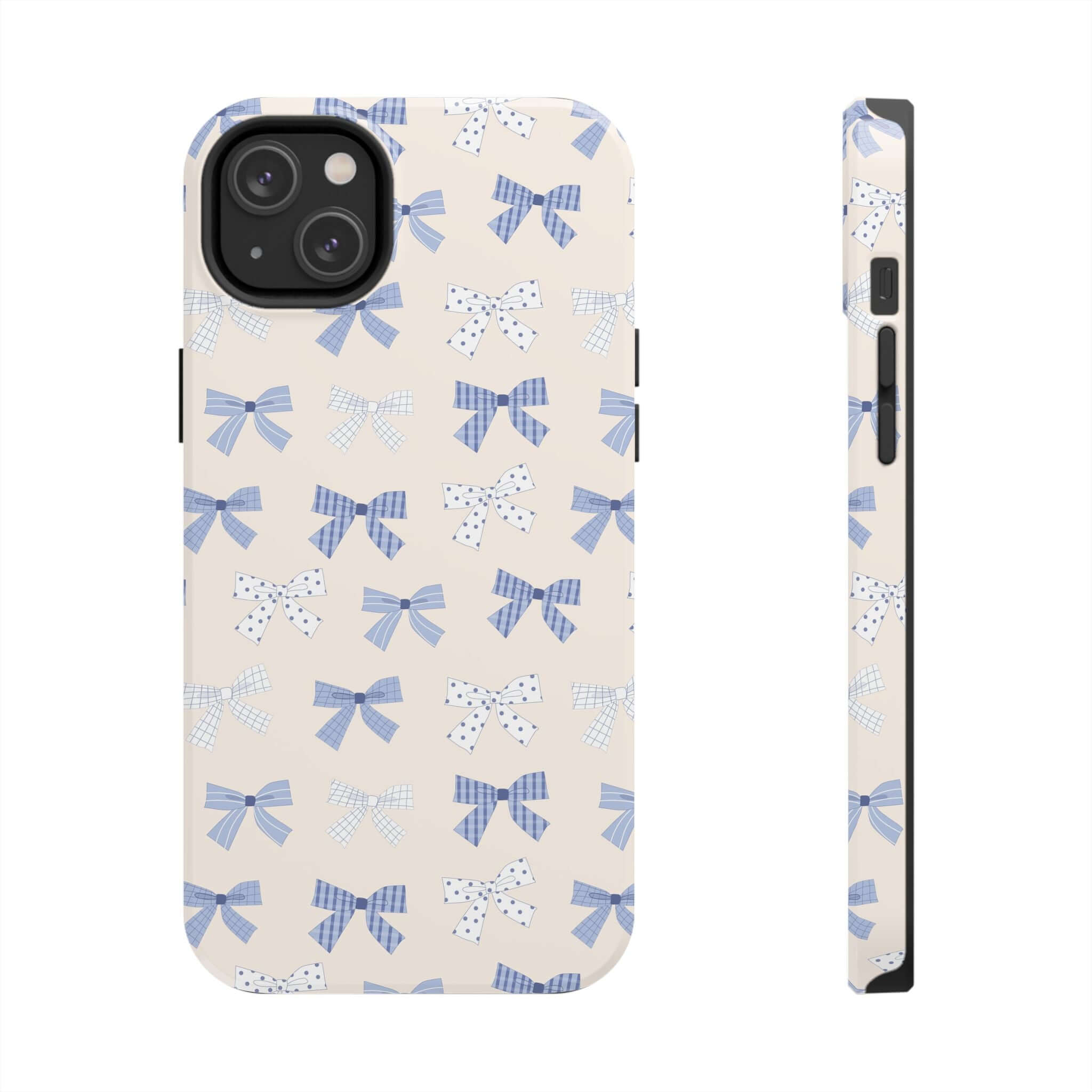 Cute phone case with blue bows, perfect for iPhone 16. Playful bridal design combines style and protection for brides-to-be.