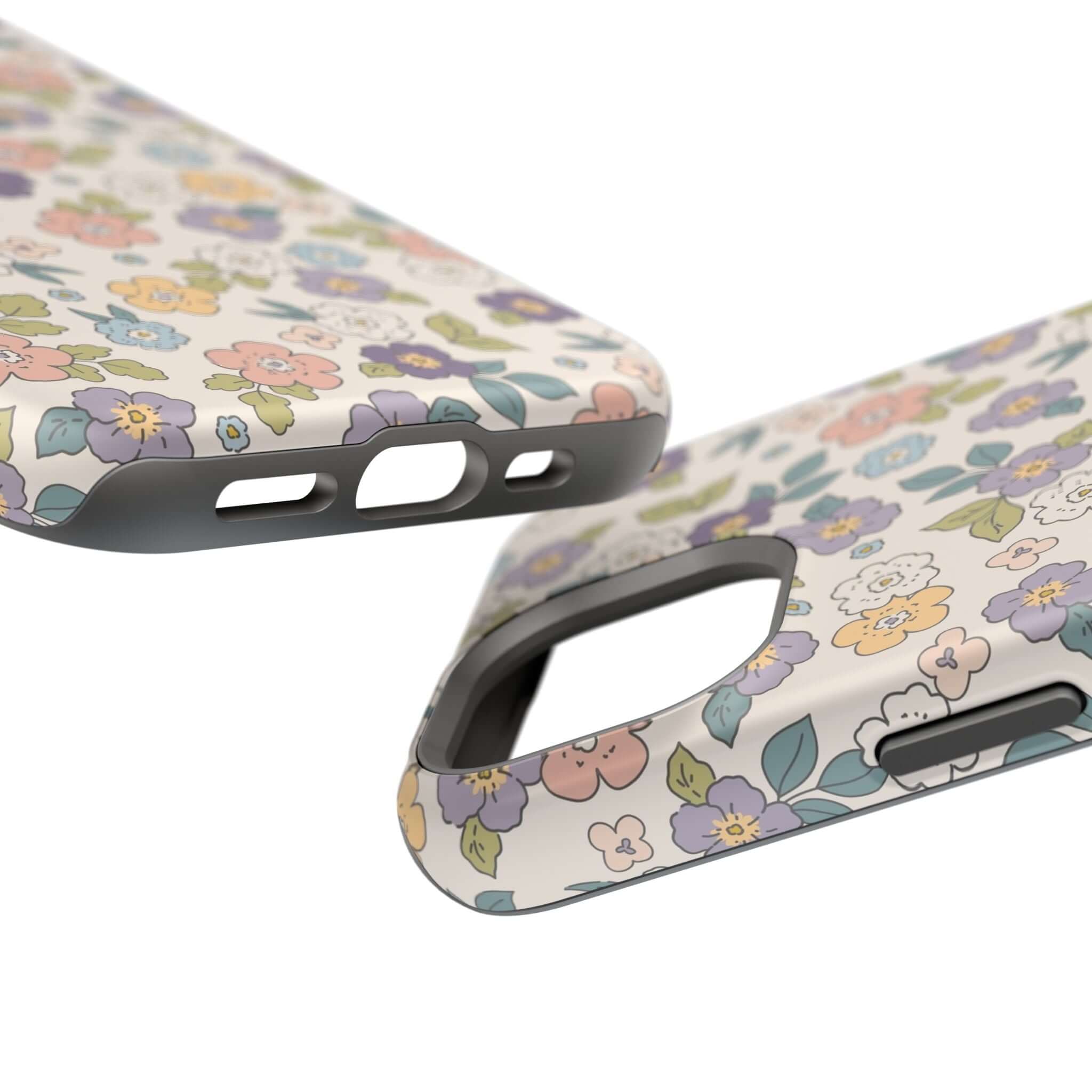 Colorful Ditsy Daisies iPhone case showcasing floral design and MagSafe compatibility, perfect for stylish phone users.