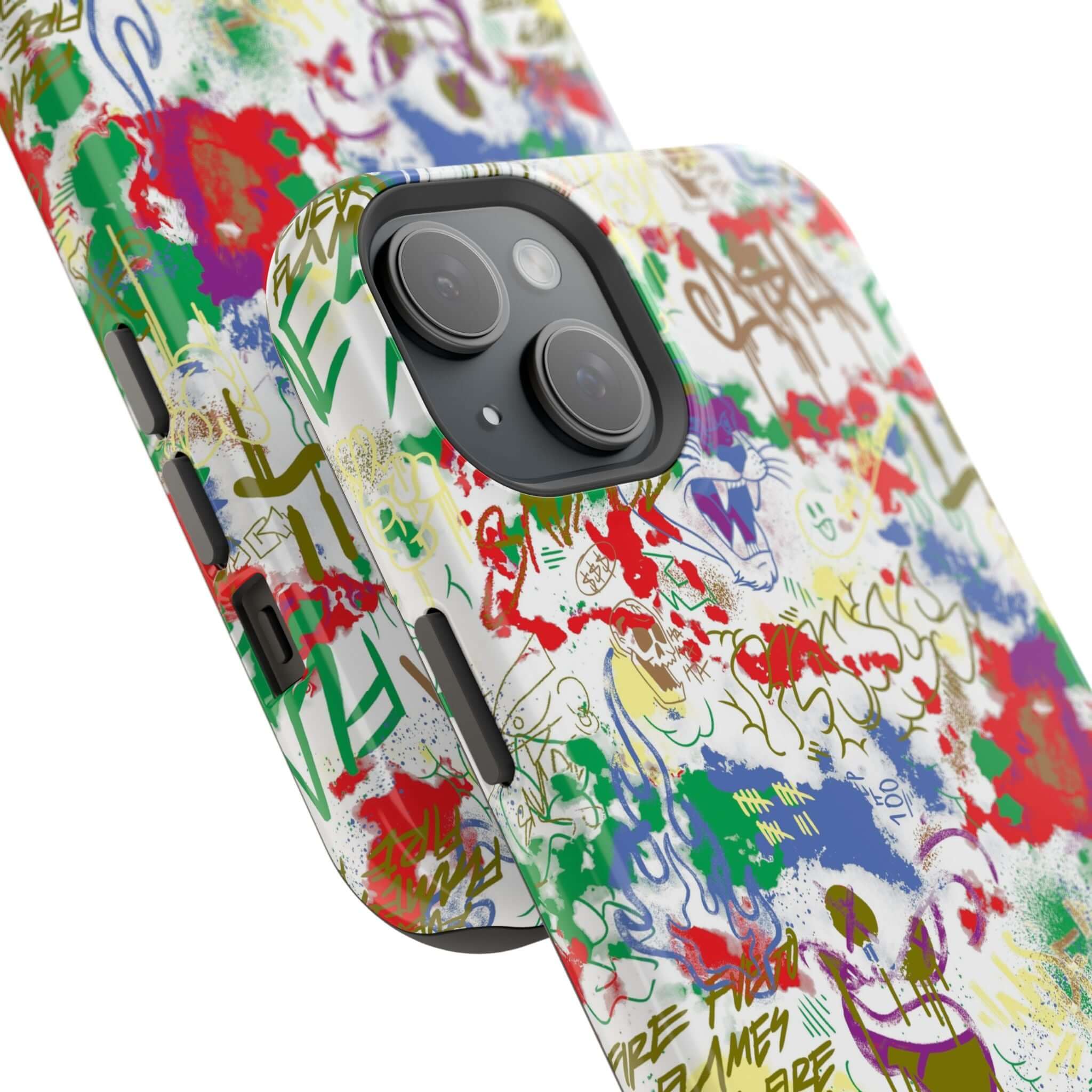 Colorful graffiti phone case for iPhone showcasing street art design and MagSafe compatibility, perfect cute phone cover.