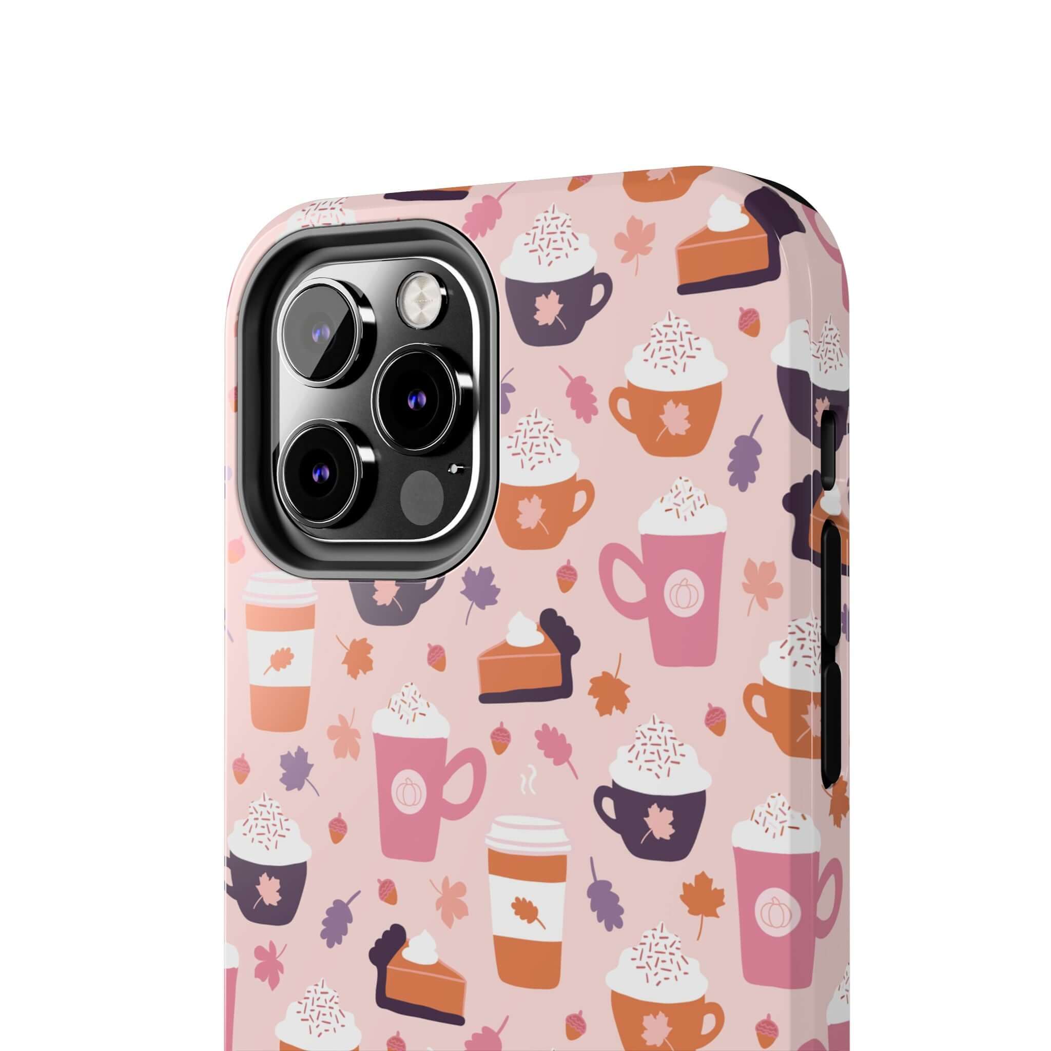 Cute fall-themed iPhone 15 case with pumpkin spice lattes and autumn leaves design, perfect for stylish phone protection.