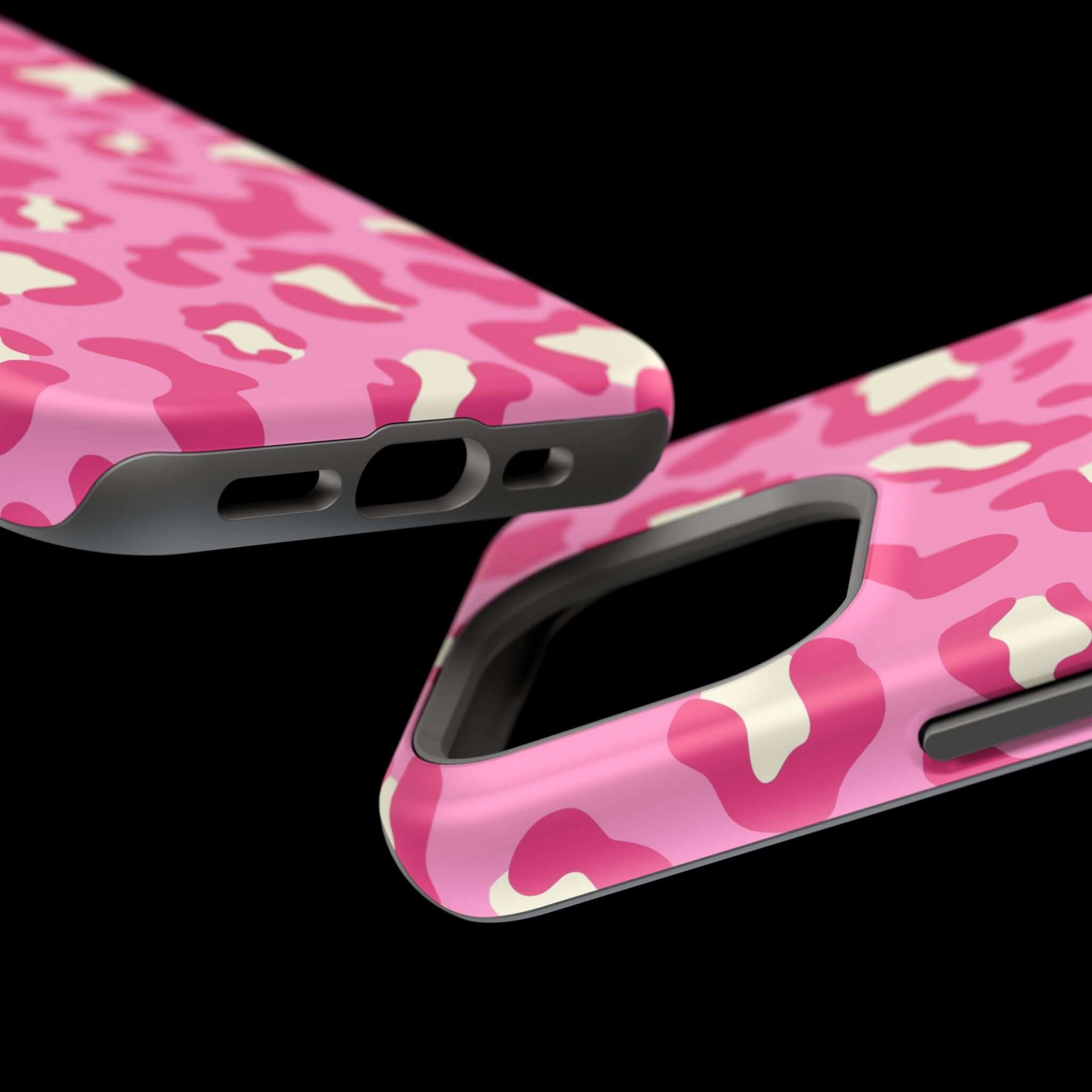 Close-up of Preppy Cheetah Pink MagSafe Case for iPhone 14 Pro Max, showcasing vibrant design and durable material.