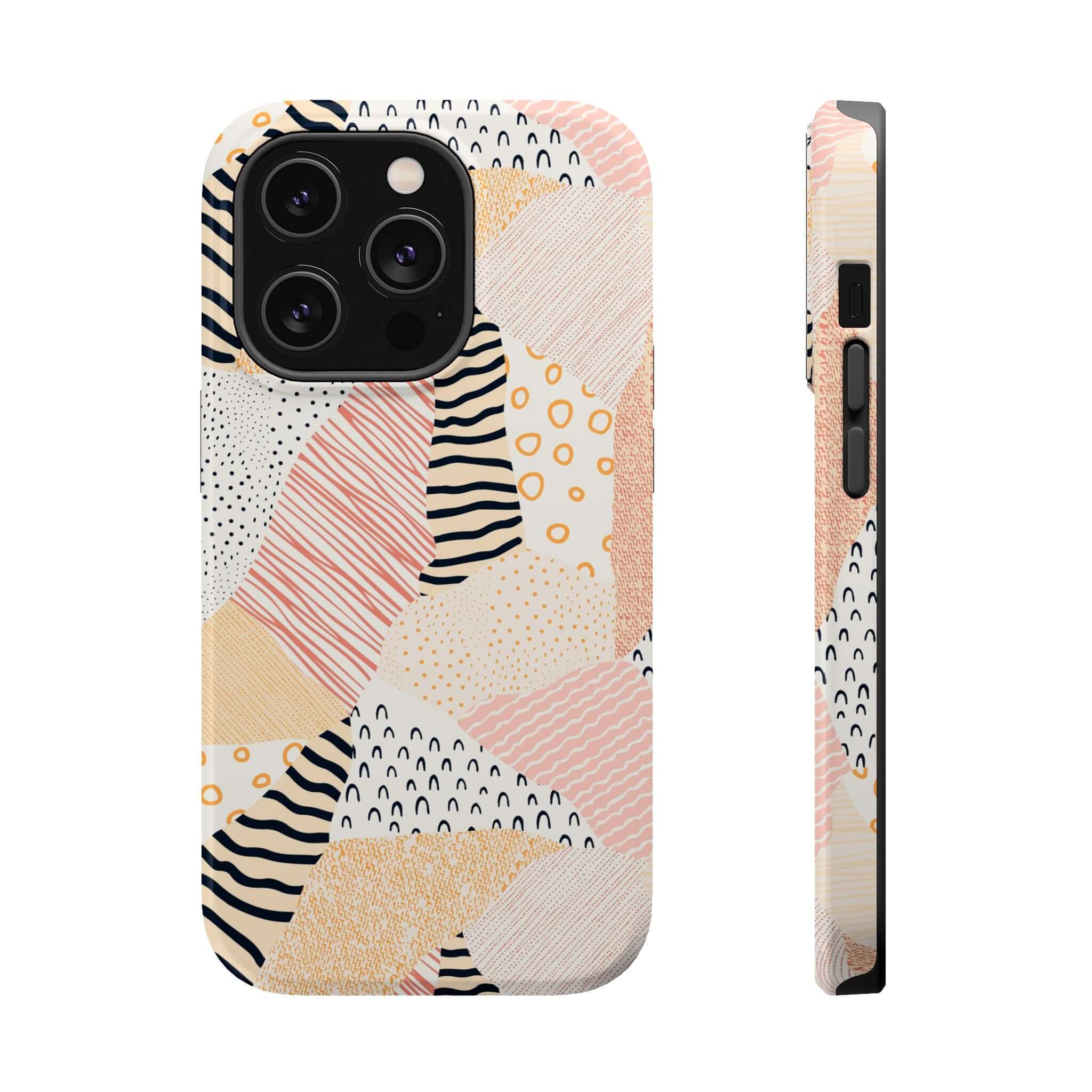 Cute Phone Case for iPhone 16 in pastel patchwork design with vibrant colors, peach base, and unique patterns.