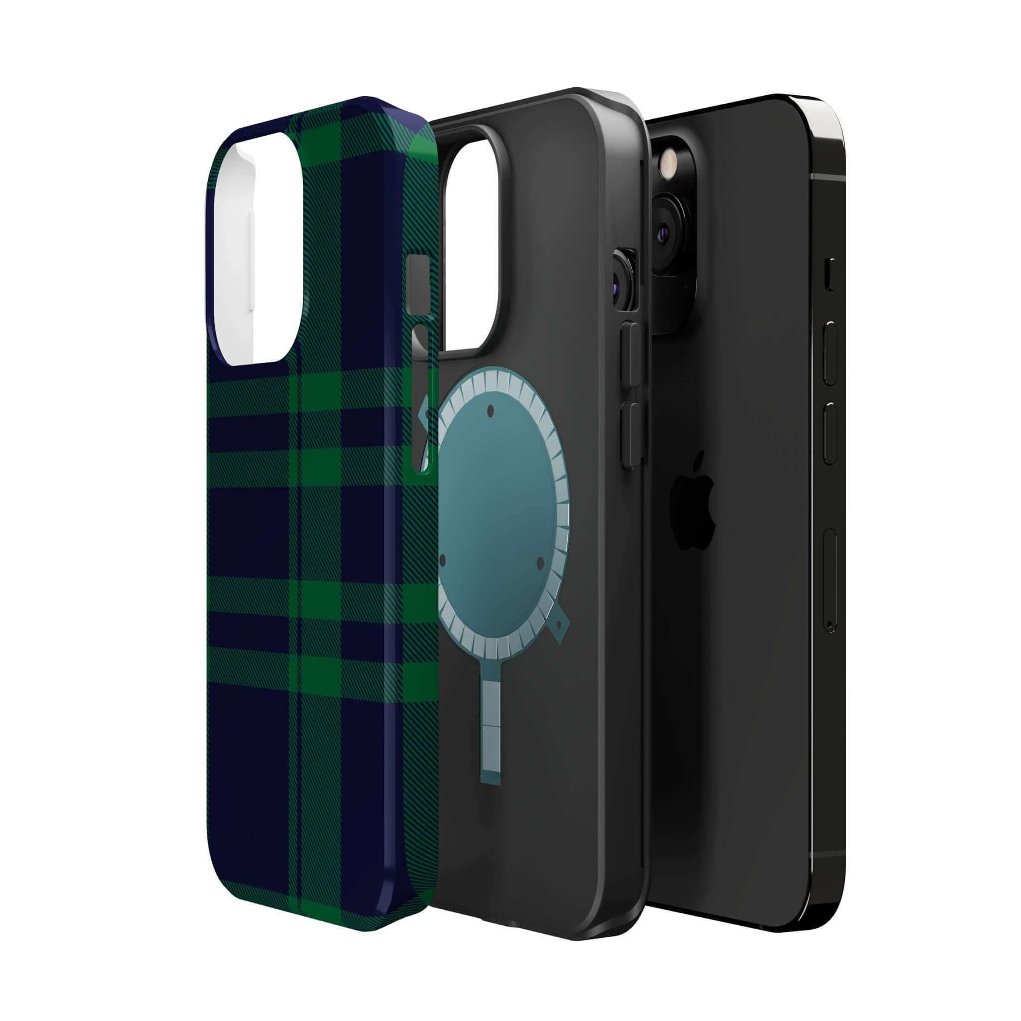 Festive Mistletoe Plaid MagSafe case and sleek black phone cases, perfect for holiday cheer and iPhone protection.