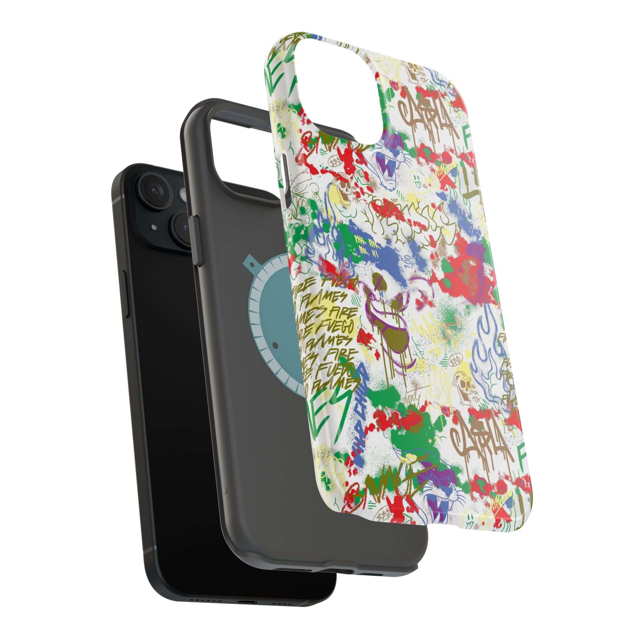 Colorful graffiti phone case showcasing street art design, demonstrating MagSafe compatibility for iPhone. Cute phone cover!