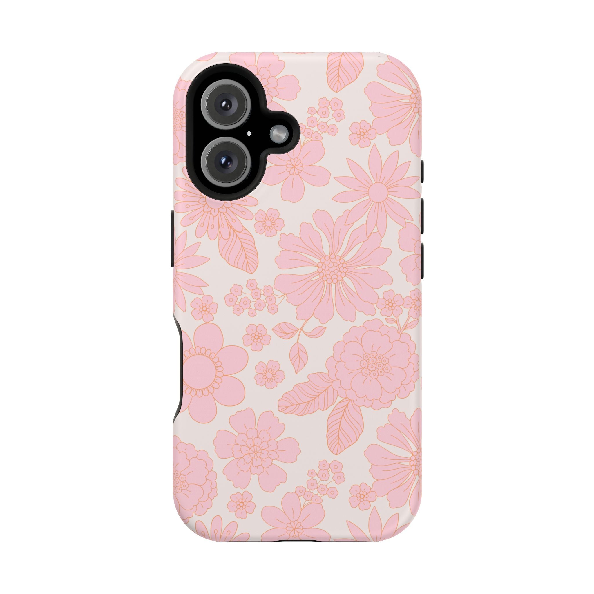 Pink floral iPhone 16 MagSafe case with cute cottagecore design, perfect protective phone cover for girly or whimsical style.