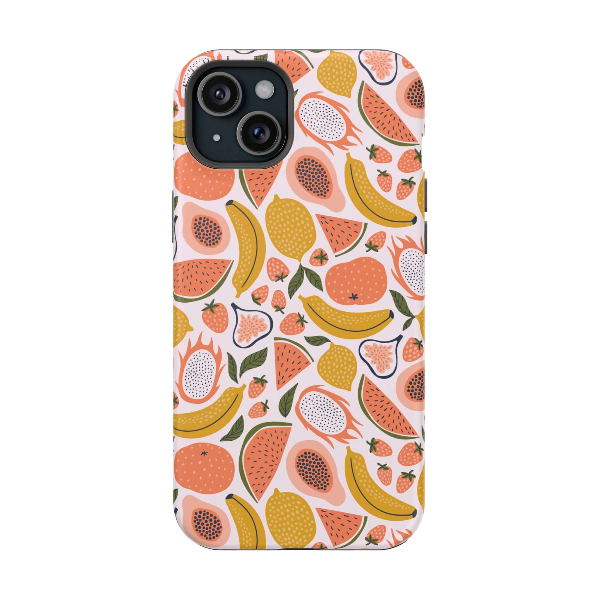 Cute iPhone 14 case with tropical fruit design, protect your phone with this playful and colorful cover. Free shipping available.