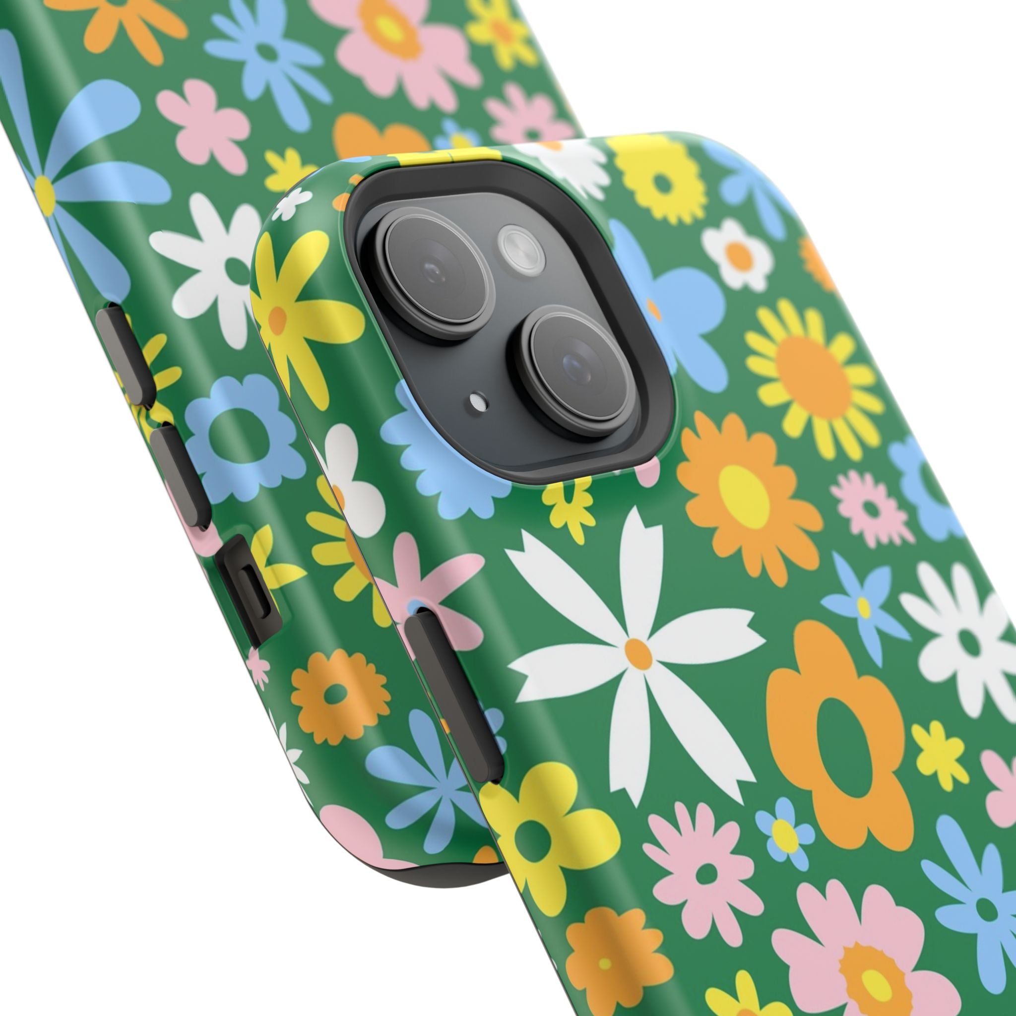 Chasing Blooms hippie floral MagSafe iPhone case with vibrant flowers and green background for a cute phone cover.